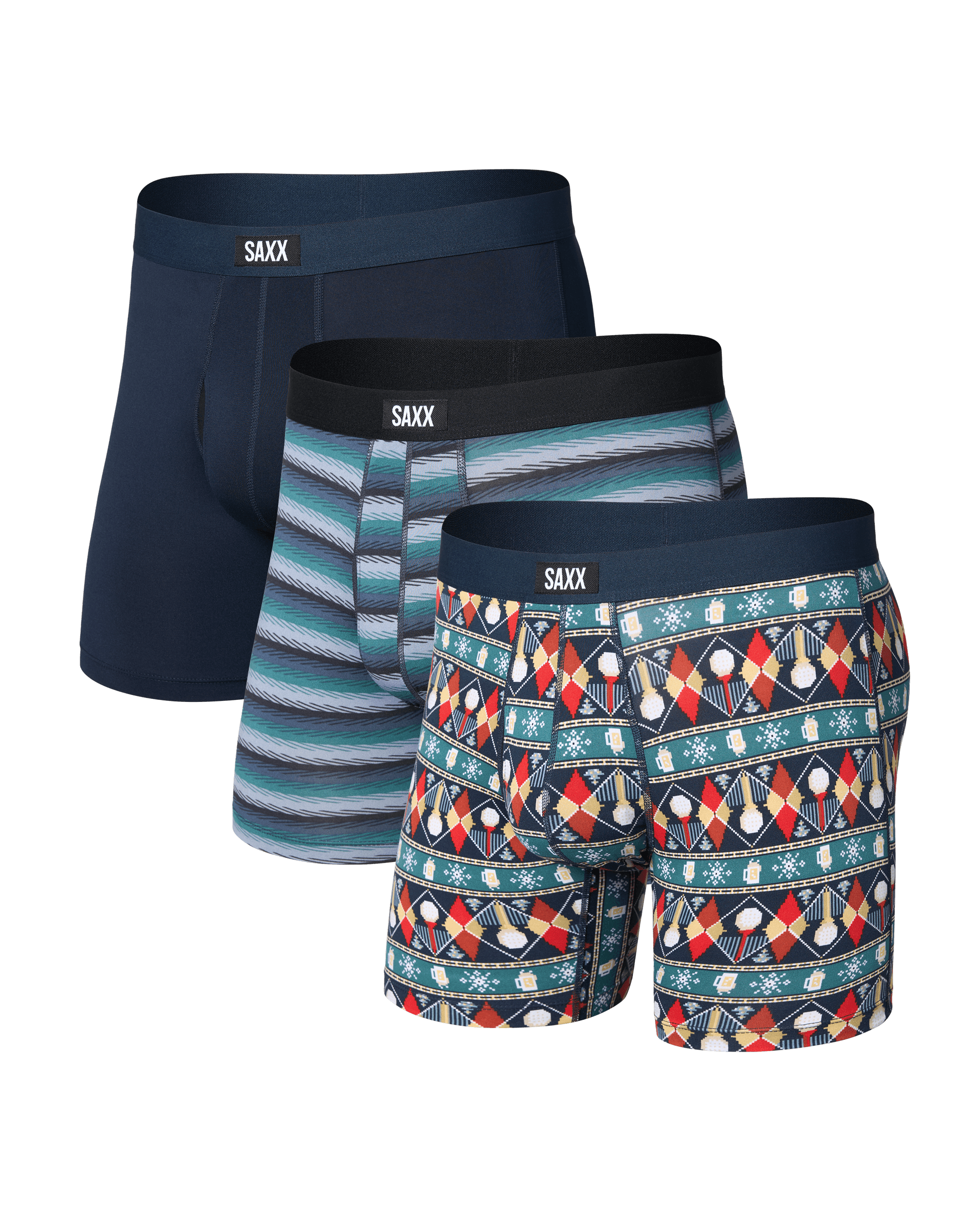Front of Daytripper Comfort Stretch Boxer Brief 3 Pack in Golf Sweater/Simple Stripe/Dark Ink