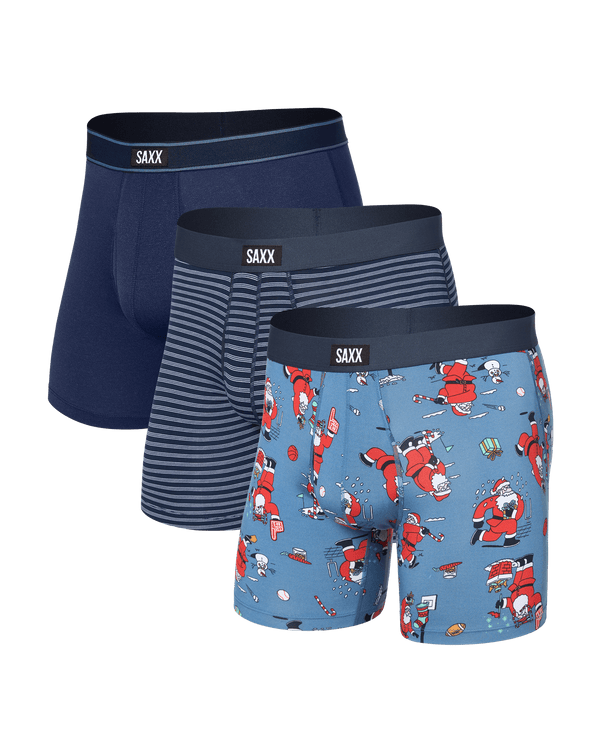 Front of Daytripper Comfort Stretch Boxer Brief Fly 3 Pack in Santathalon/Stripe/Navy