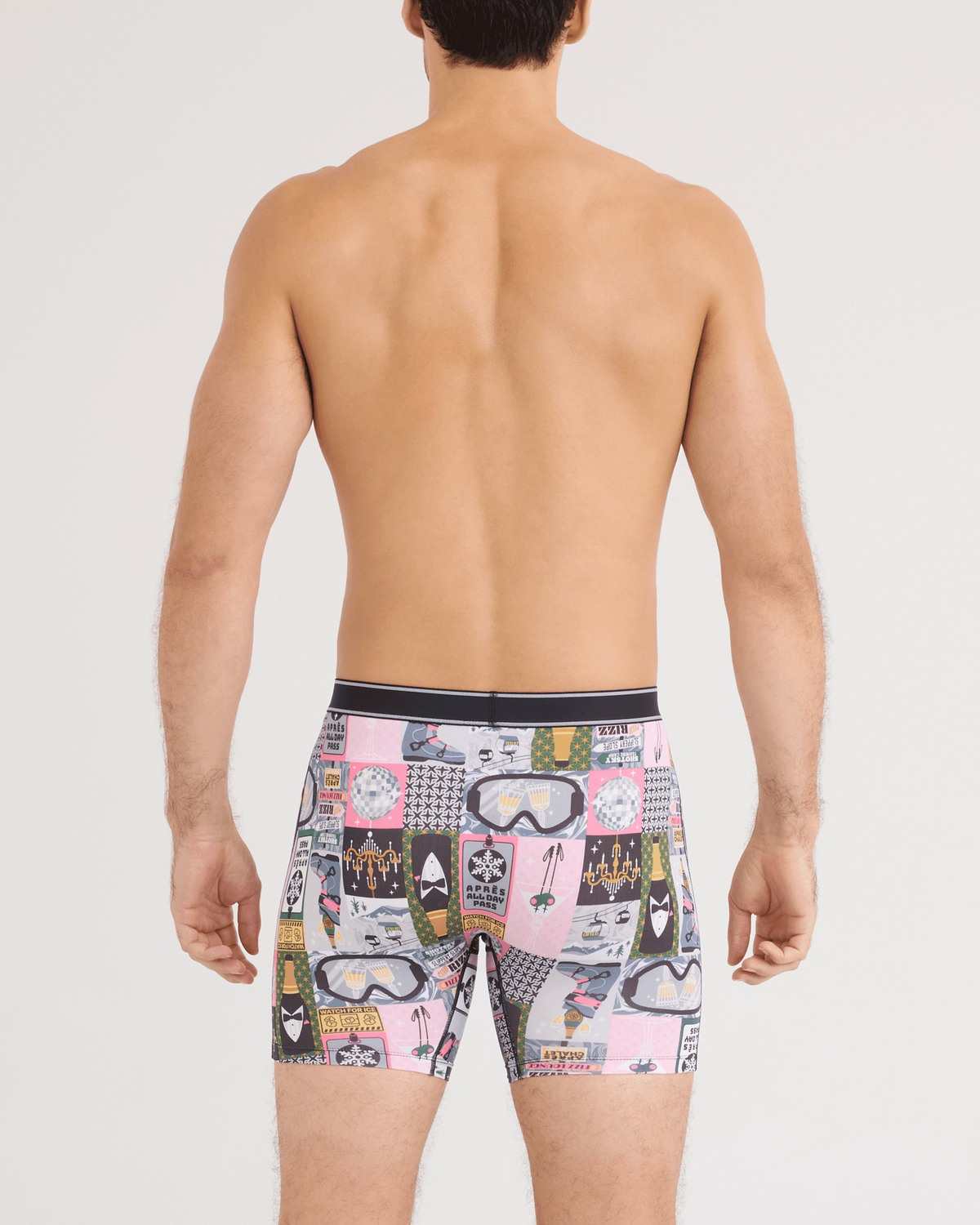 Back - Model wearing Daytripper Comfort Stretch Boxer Brief in Apres All Day-Flintstone