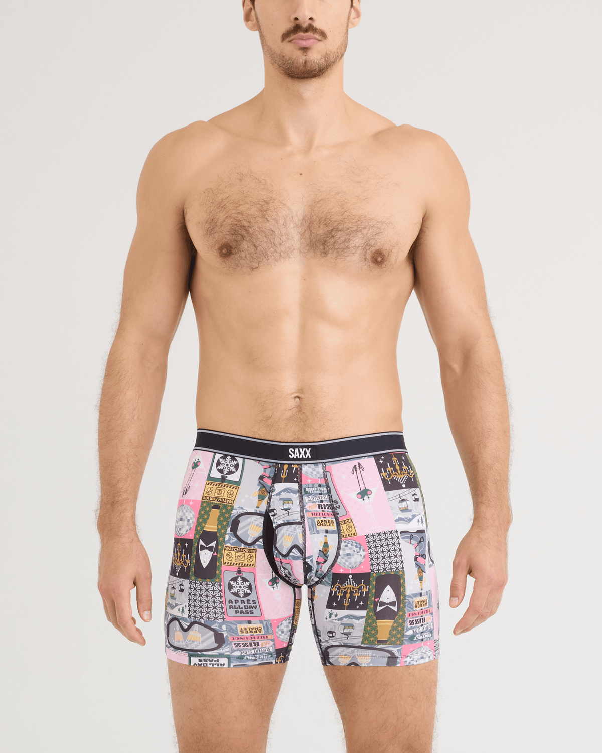 Front - Model wearing Daytripper Comfort Stretch Boxer Brief in Apres All Day-Flintstone