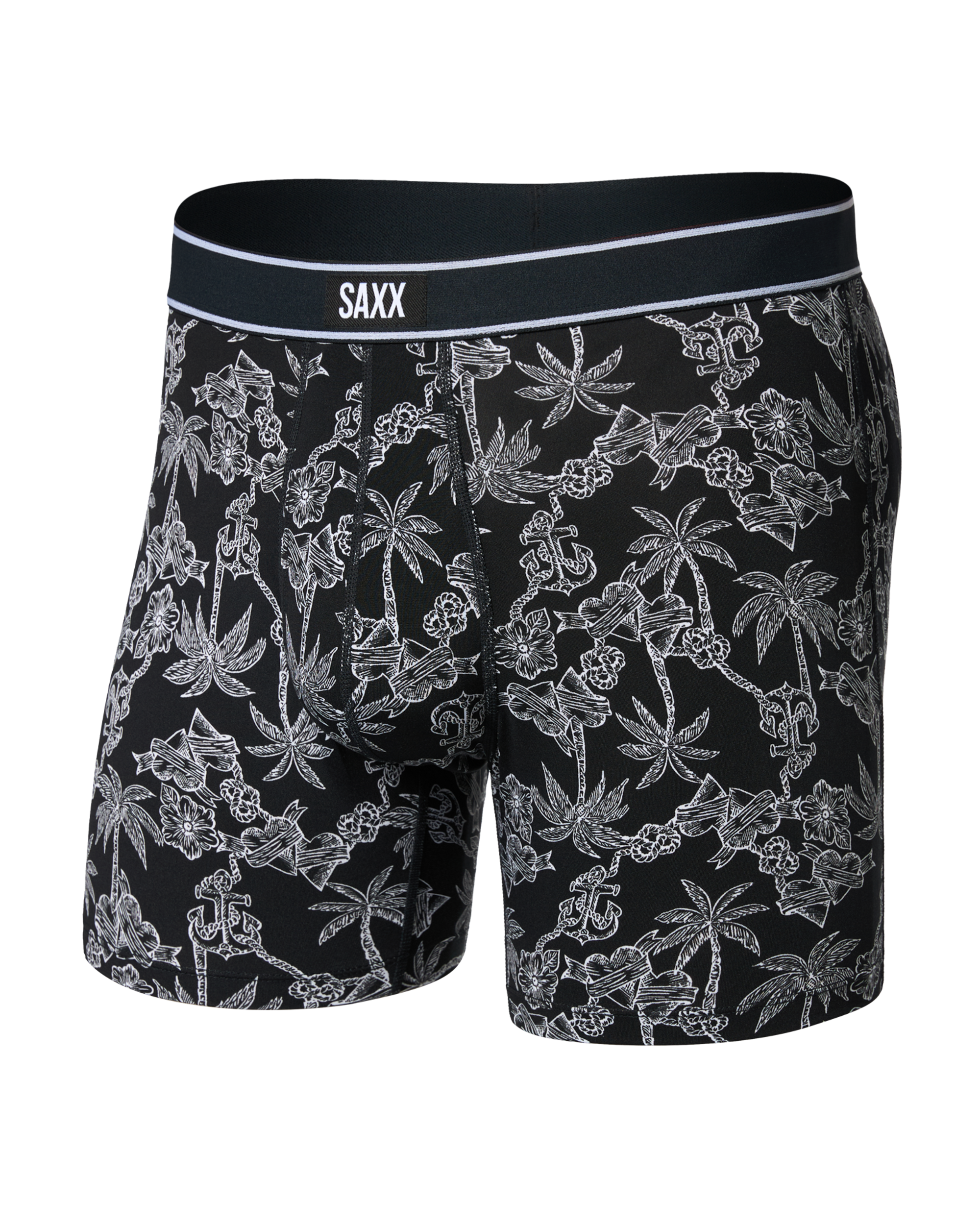Front of Daytripper Comfort Stretch Boxer Brief Fly in Tropical Tattoo-Black