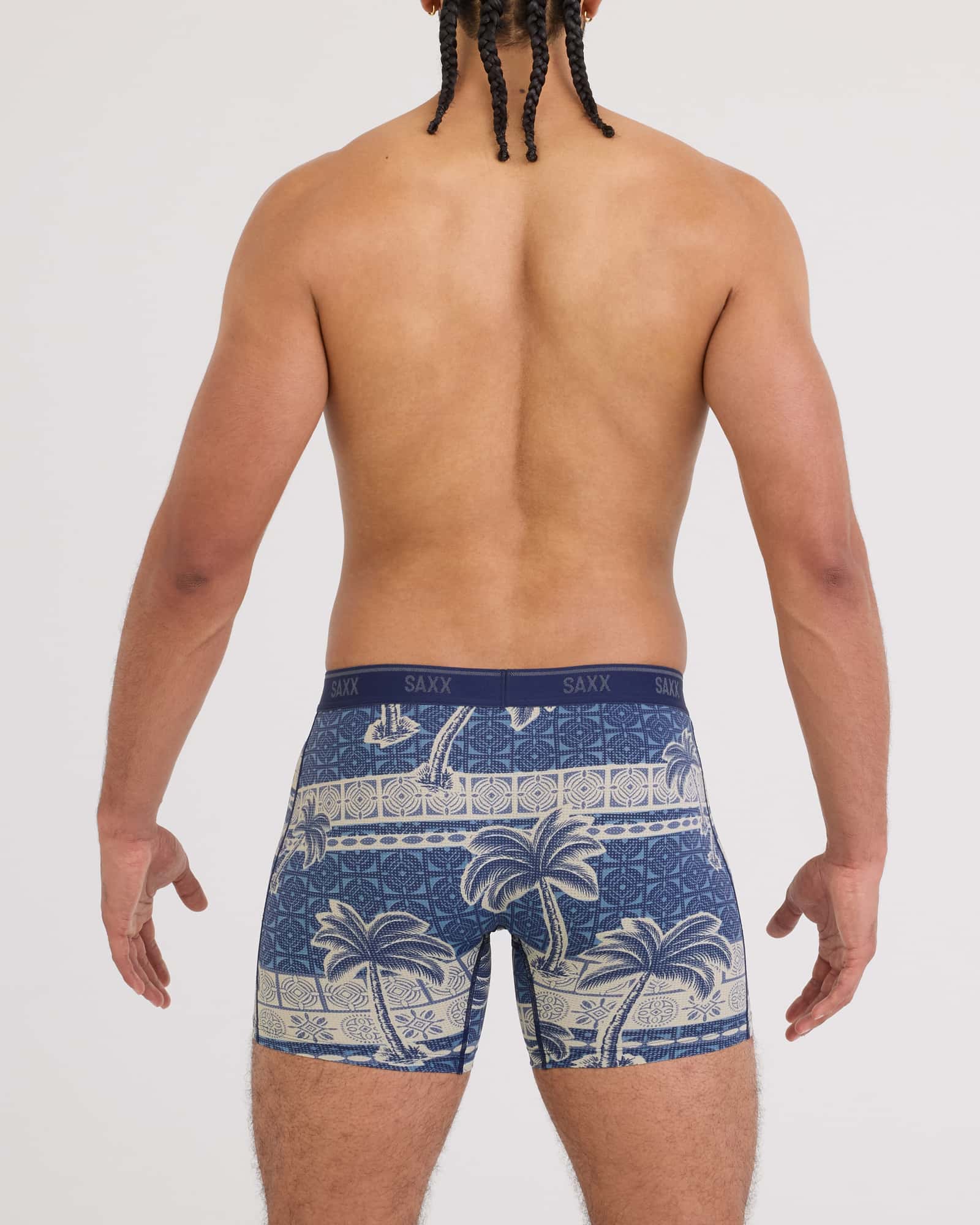 Back - Model wearing Quest Quick-Dry Mesh Boxer Brief in Palm Geo-Stone
