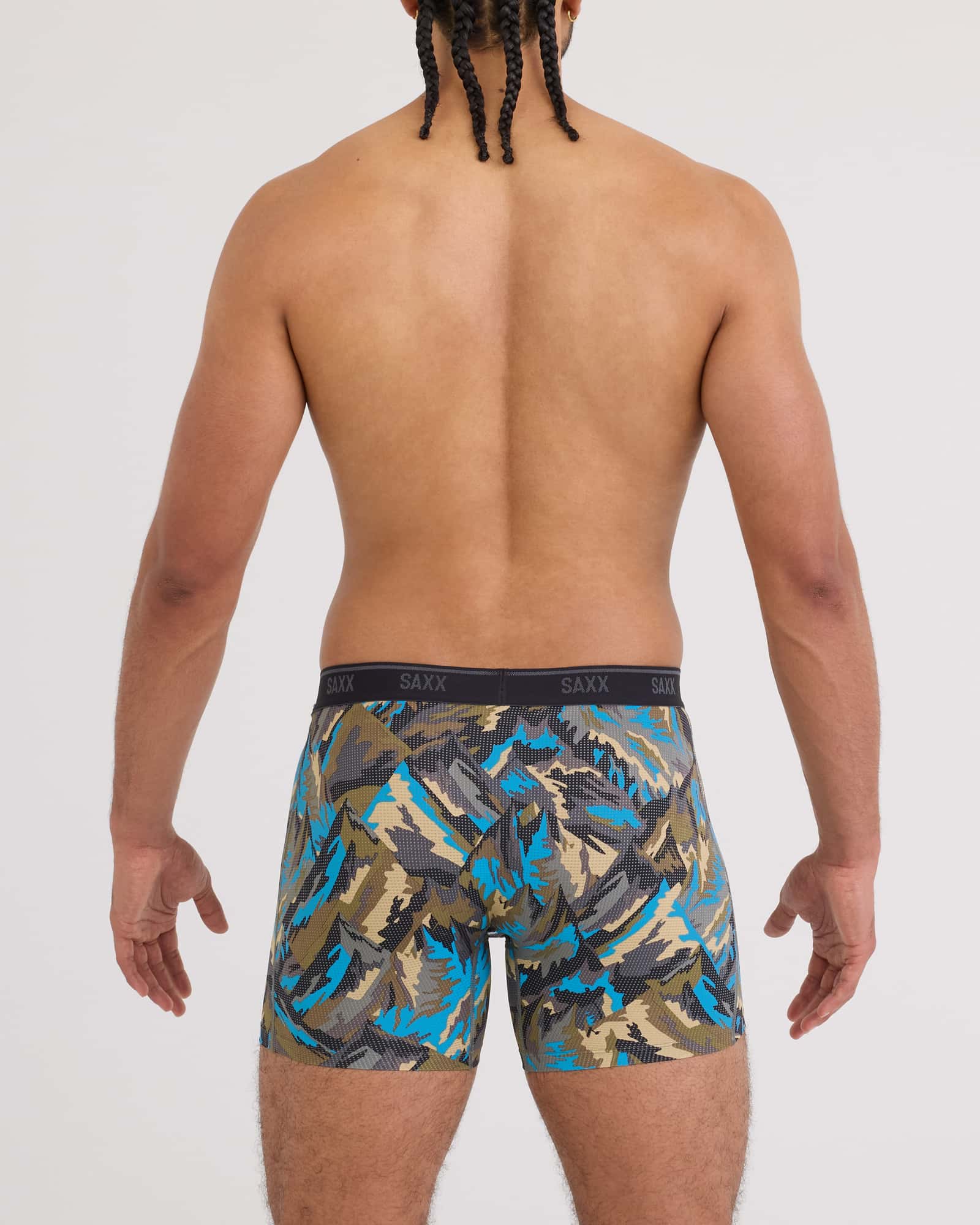 Back - Model wearing Quest Quick-Dry Mesh Boxer Brief Fly in Prism Peaks-Cargo Grey