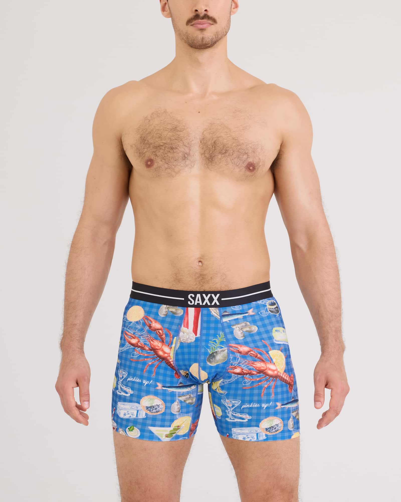 Front - Model wearing Volt Breathable Mesh Boxer Brief in Low Life Picnic-Blue