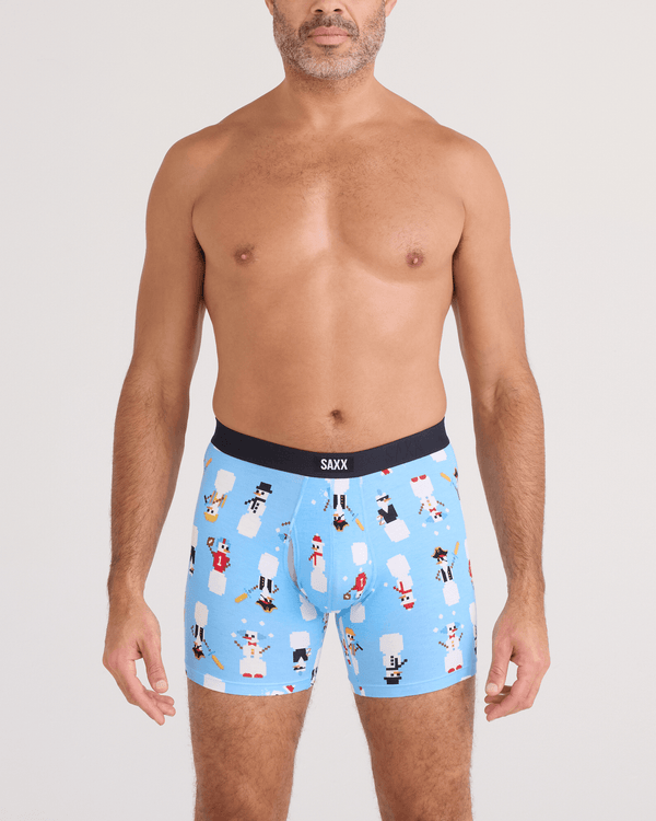Front - Model wearing Vibe Xtra Soft Comfort Boxer Brief Fly 2 Pack in Frosty The Gamer/Black