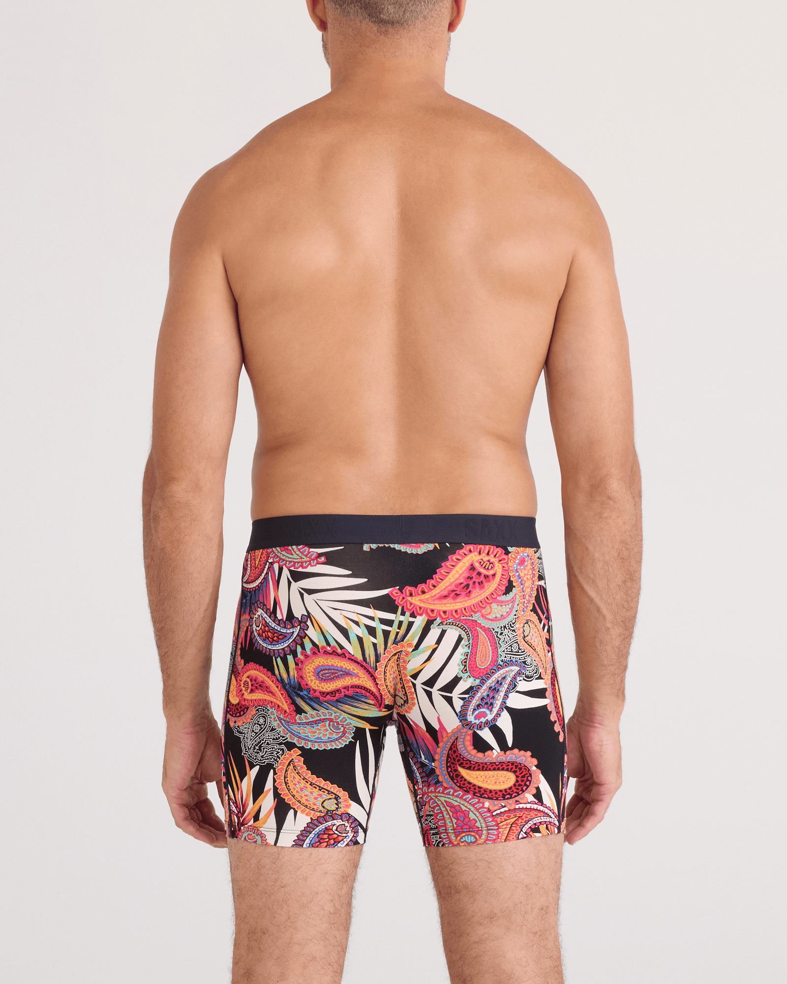 Back - Model wearing Vibe Xtra Soft Comfort Boxer Brief Fly 2 Pack in Jungle Paisley/Black