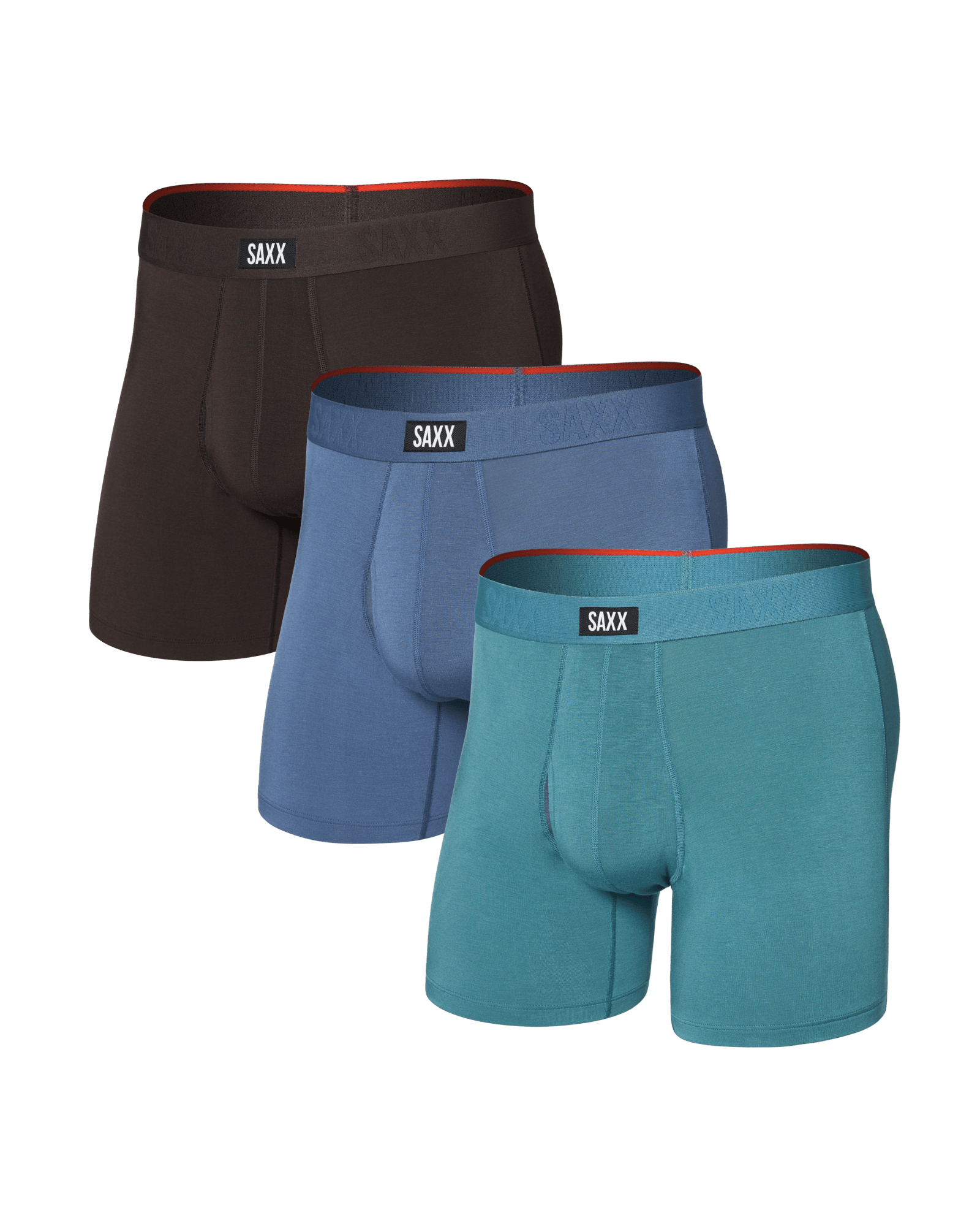 Front of Vibe Xtra Soft Comfort Boxer Brief Fly 3 Pack in Seascape/Indigo/Dark Chocolate