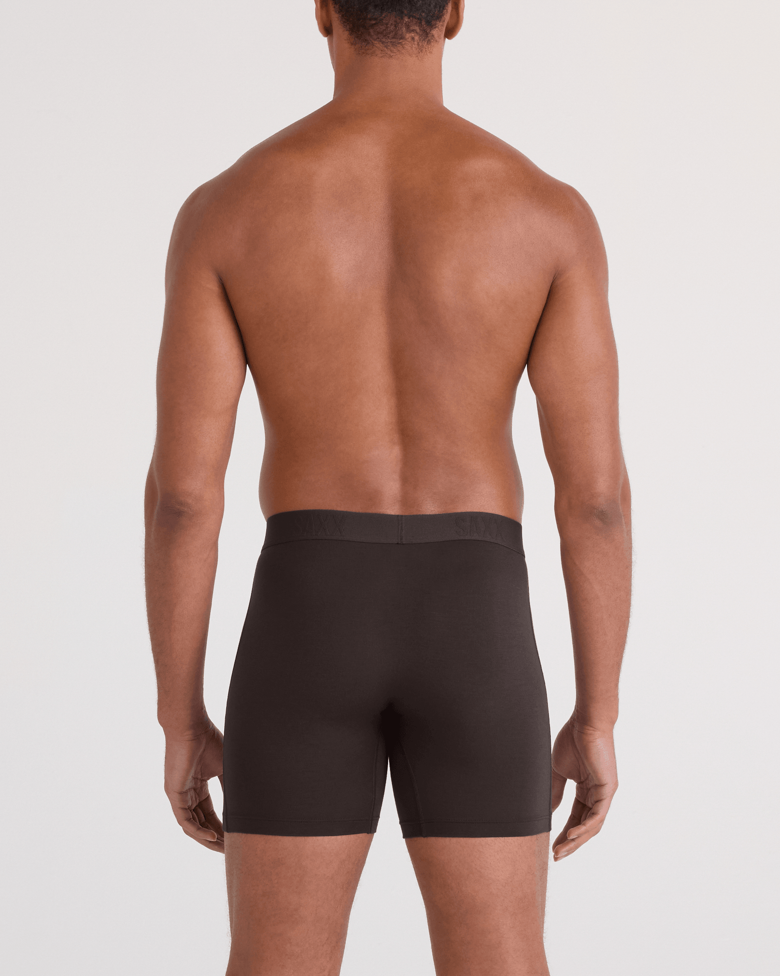 Back - Model wearing Vibe Xtra Soft Comfort Boxer Brief Fly 3 Pack in Seascape/Indigo/Dark Chocolate