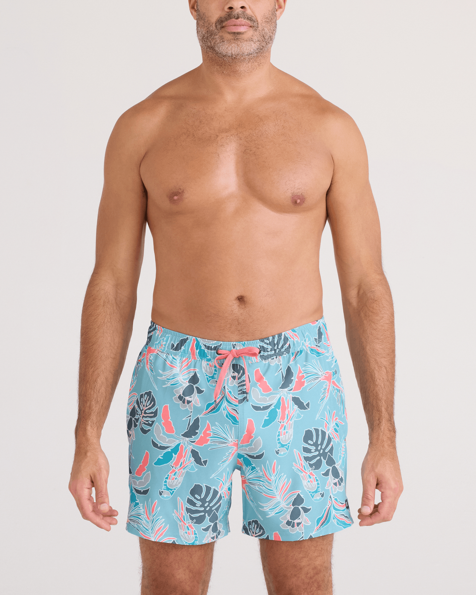 Front - Model wearing Oh Buoy 2N1 Swim Trunk 5" in Island Tropics-Blue Tide