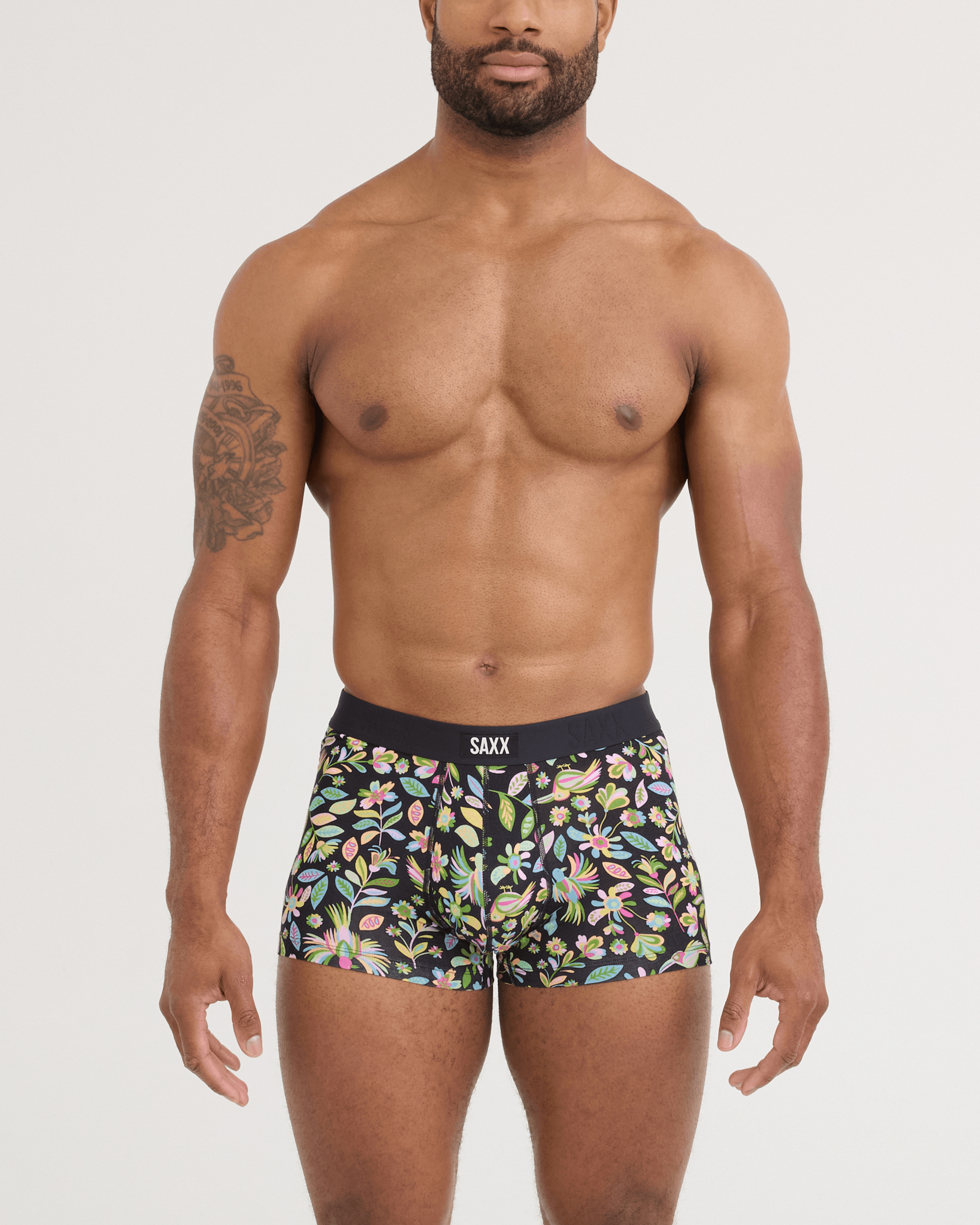 Front - Model wearing Vibe Xtra Soft Comfort Trunk Fly in Amate Garden- Black