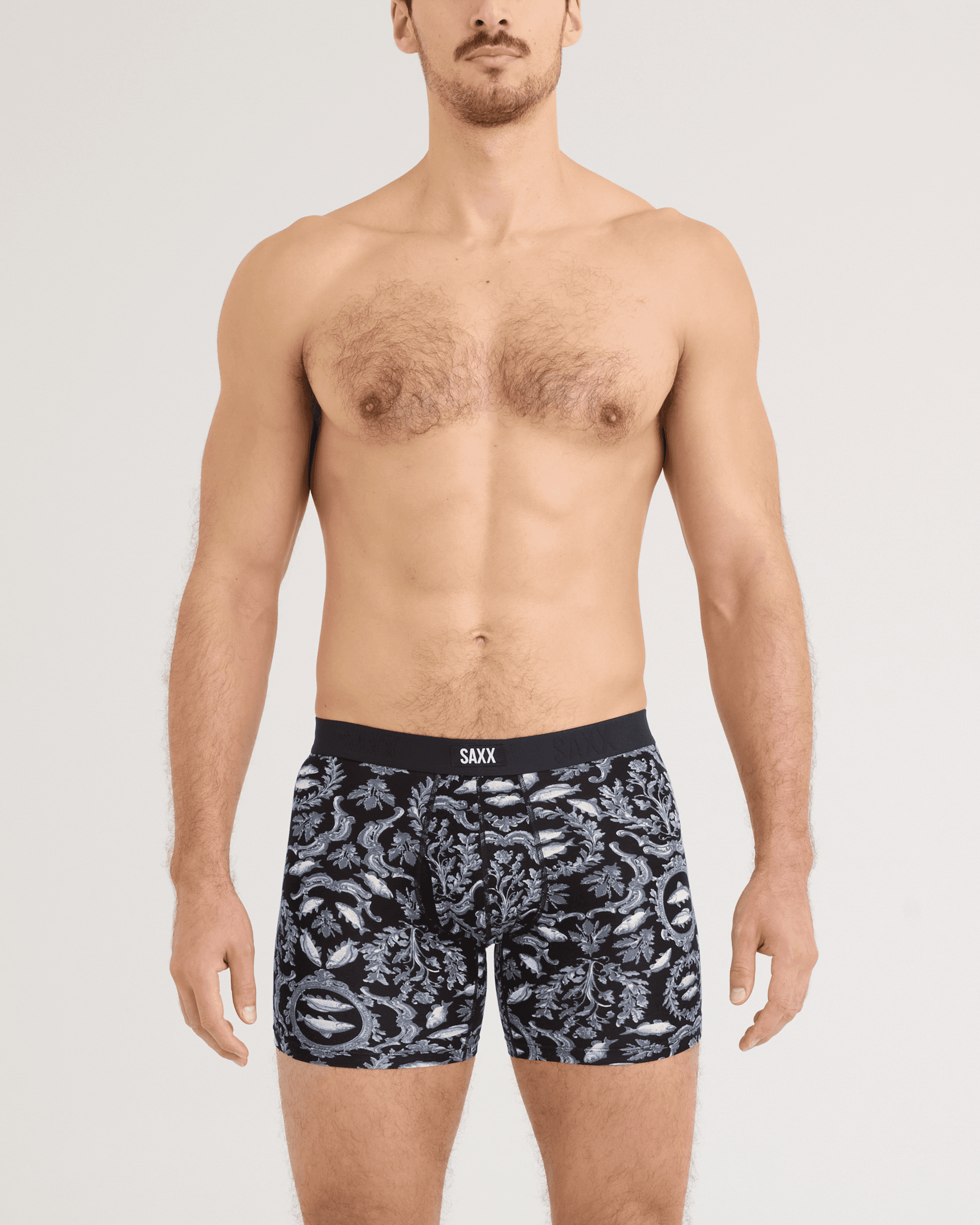 Front - Model wearing Vibe Xtra Soft Comfort Boxer Brief 2 Pack in Backsplash/Black