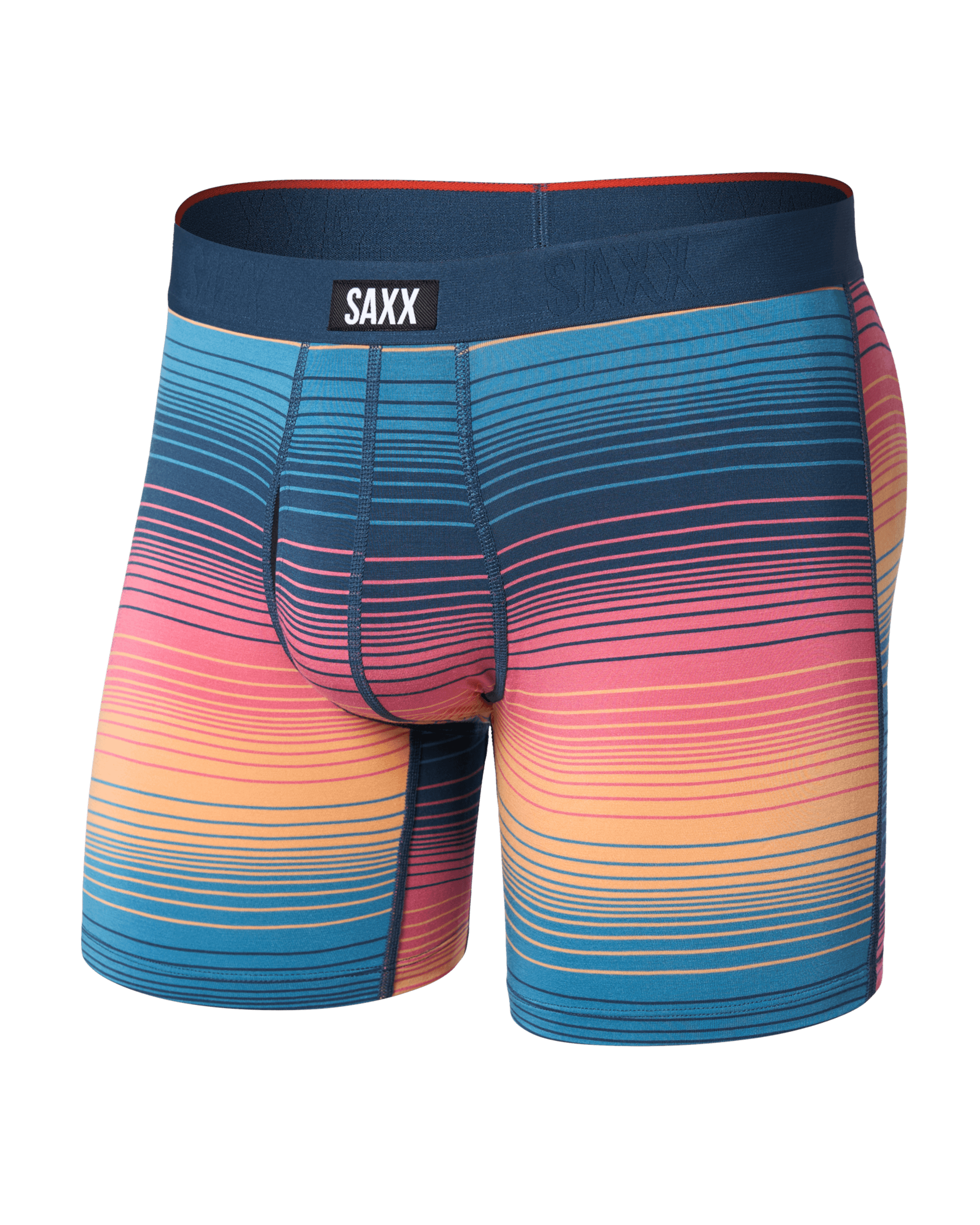 Front of Vibe Xtra Soft Comfort Boxer Brief Fly in Hazy Stripe-Sunset