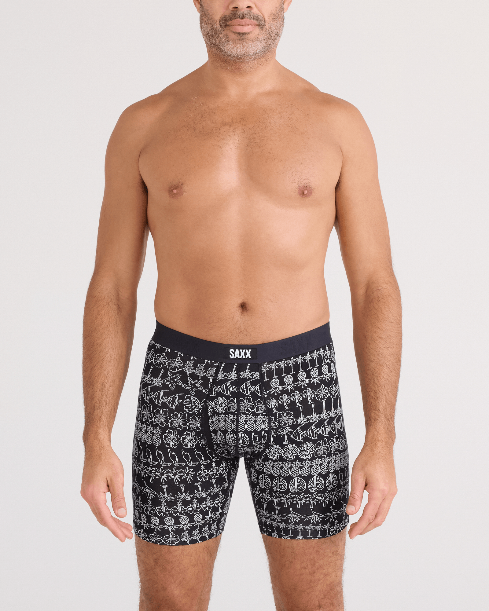 Front - Model wearing Vibe Xtra Soft Comfort Boxer Brief Fly in Island Lineup-Black
