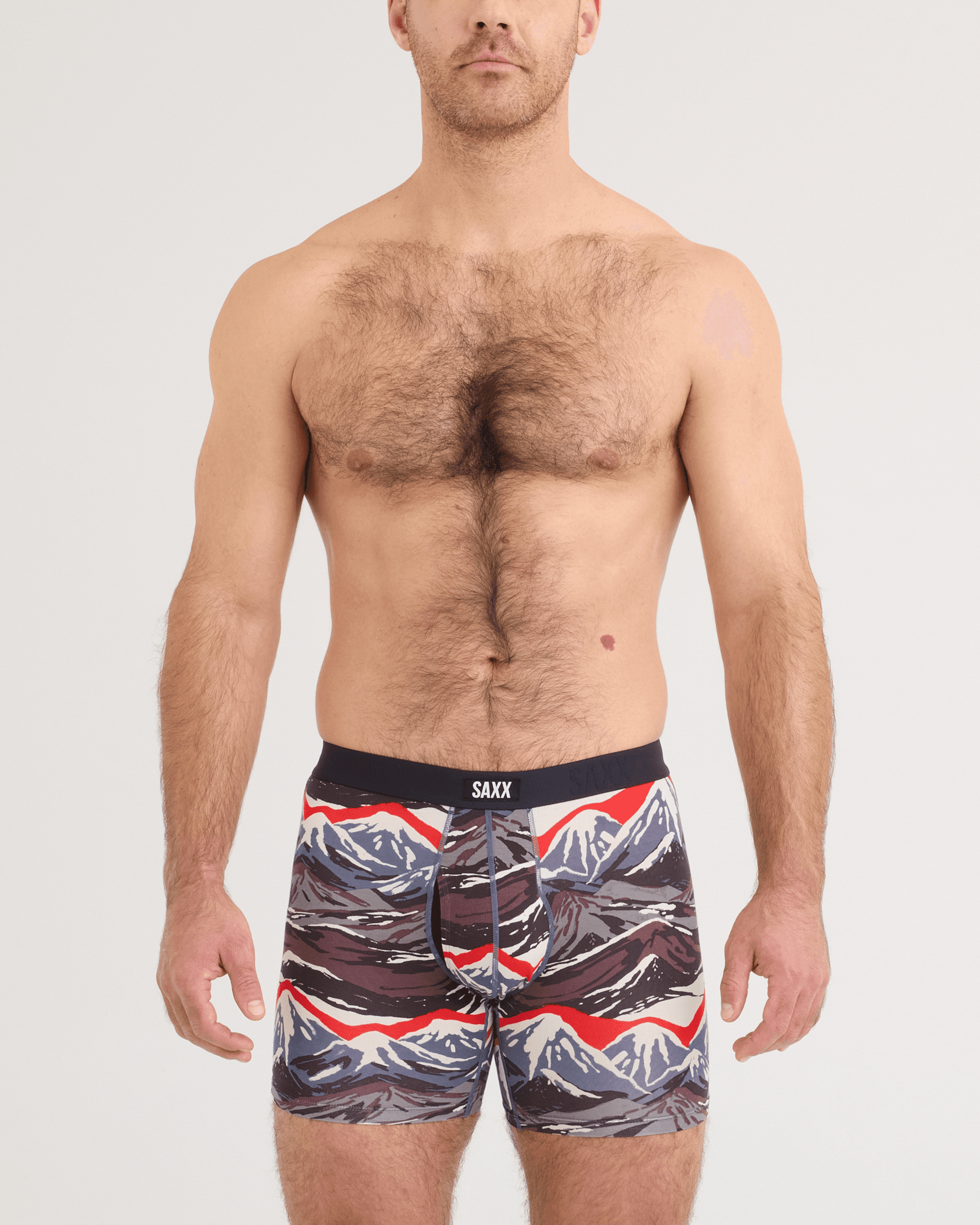 Front - Model wearing Vibe Xtra Soft Comfort Boxer Brief in Mountain Top-Blue