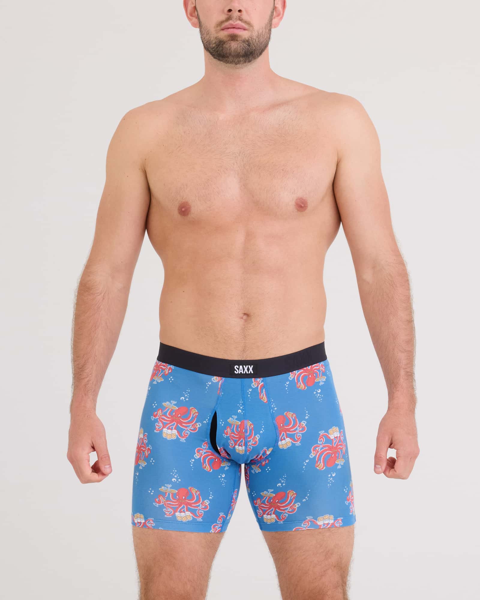 Back - Model wearing Vibe Xtra Boxer Brief in Octopus Bartender-Regatta