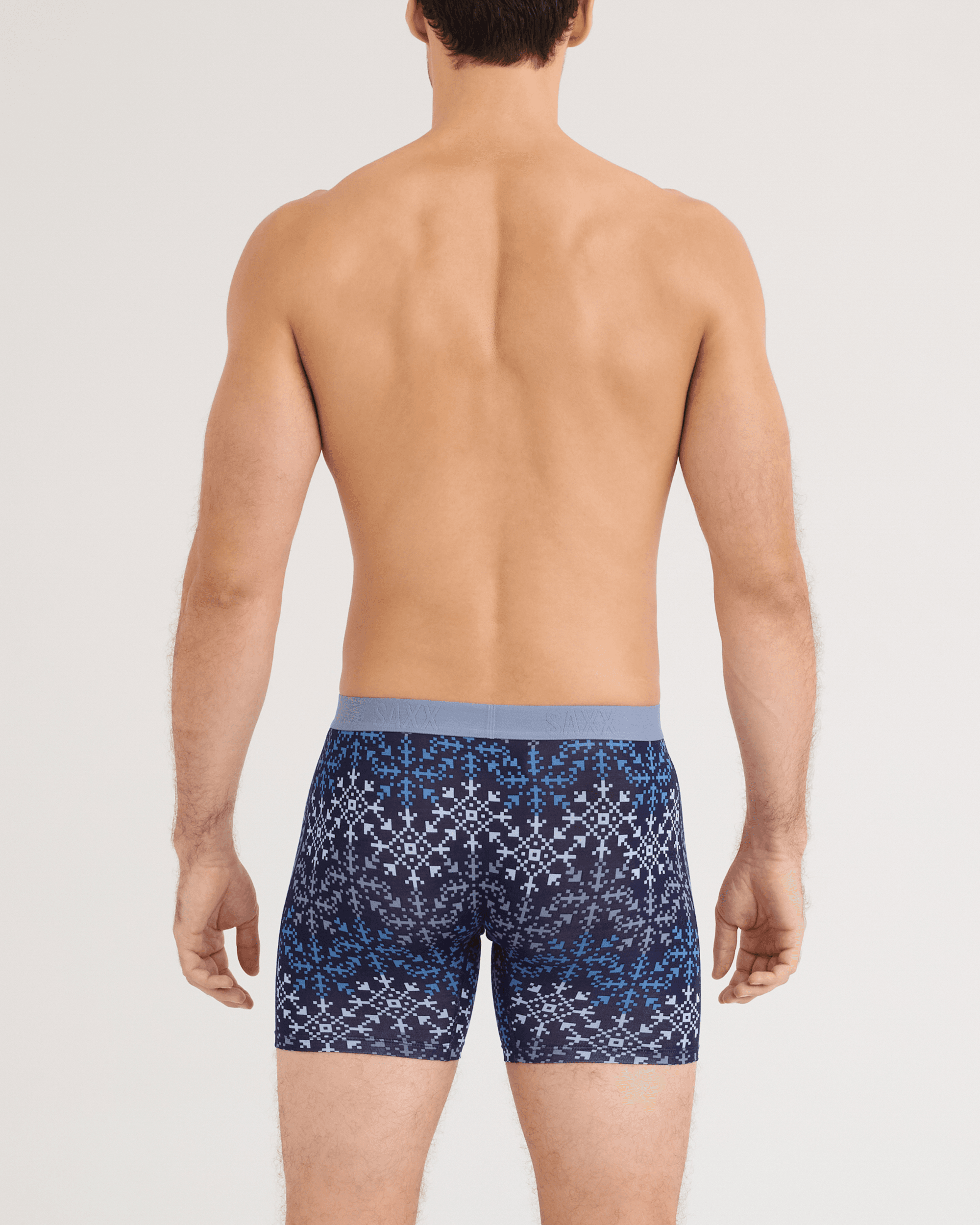 Back - Model wearing Vibe Xtra Soft Comfort Boxer Brief 2 Pack in Snowflake Chevron/Maritime