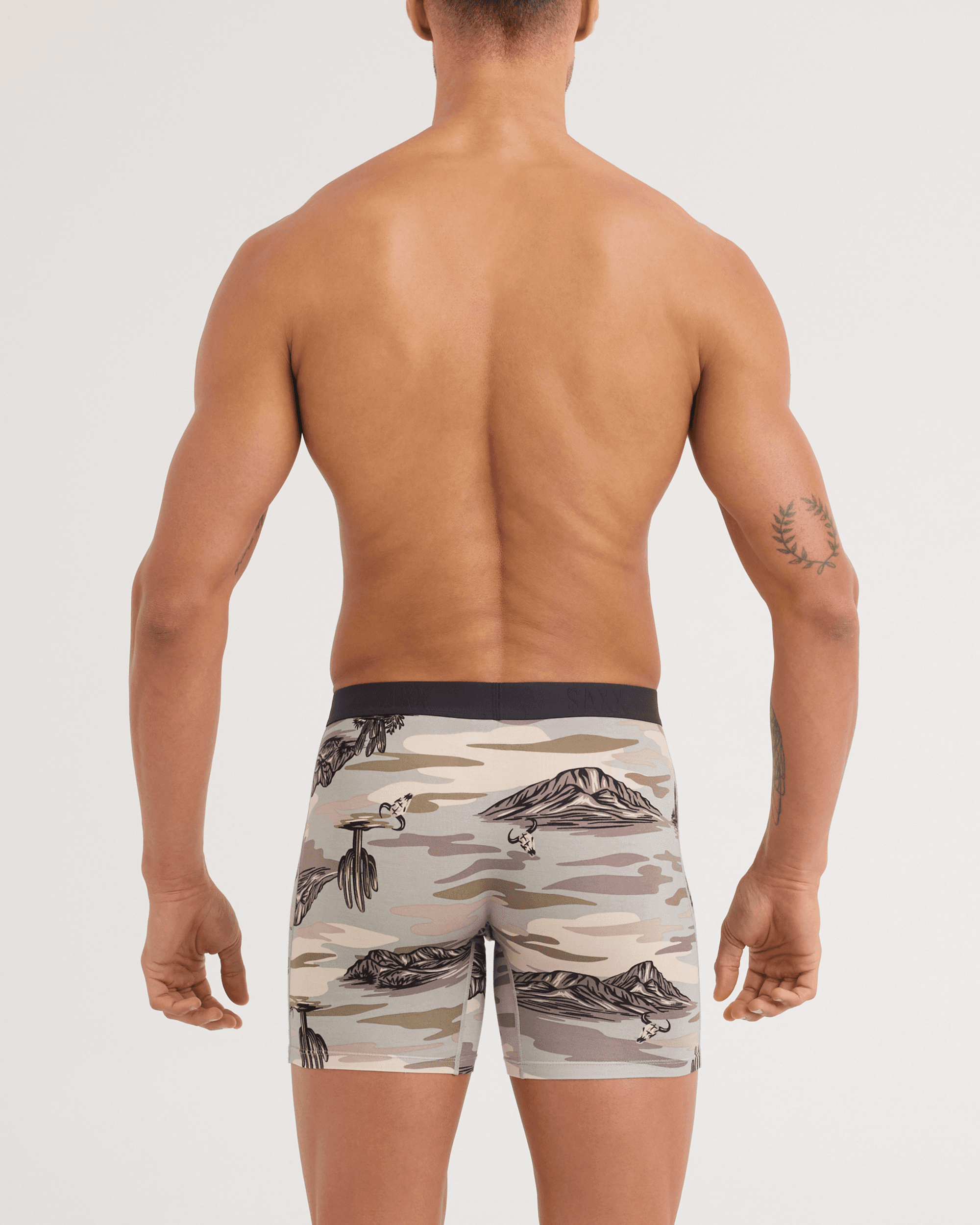 Back - Model wearing Vibe Xtra Soft Comfort Boxer Brief in Scenic Desert-Neutral Grey