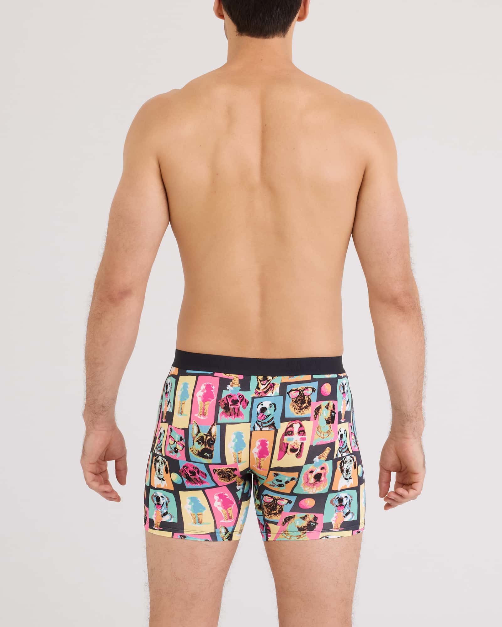 Back - Model wearing Vibe Xtra Soft Comfort Boxer Brief Fly in Summer Dogs Of Saxx-Multi