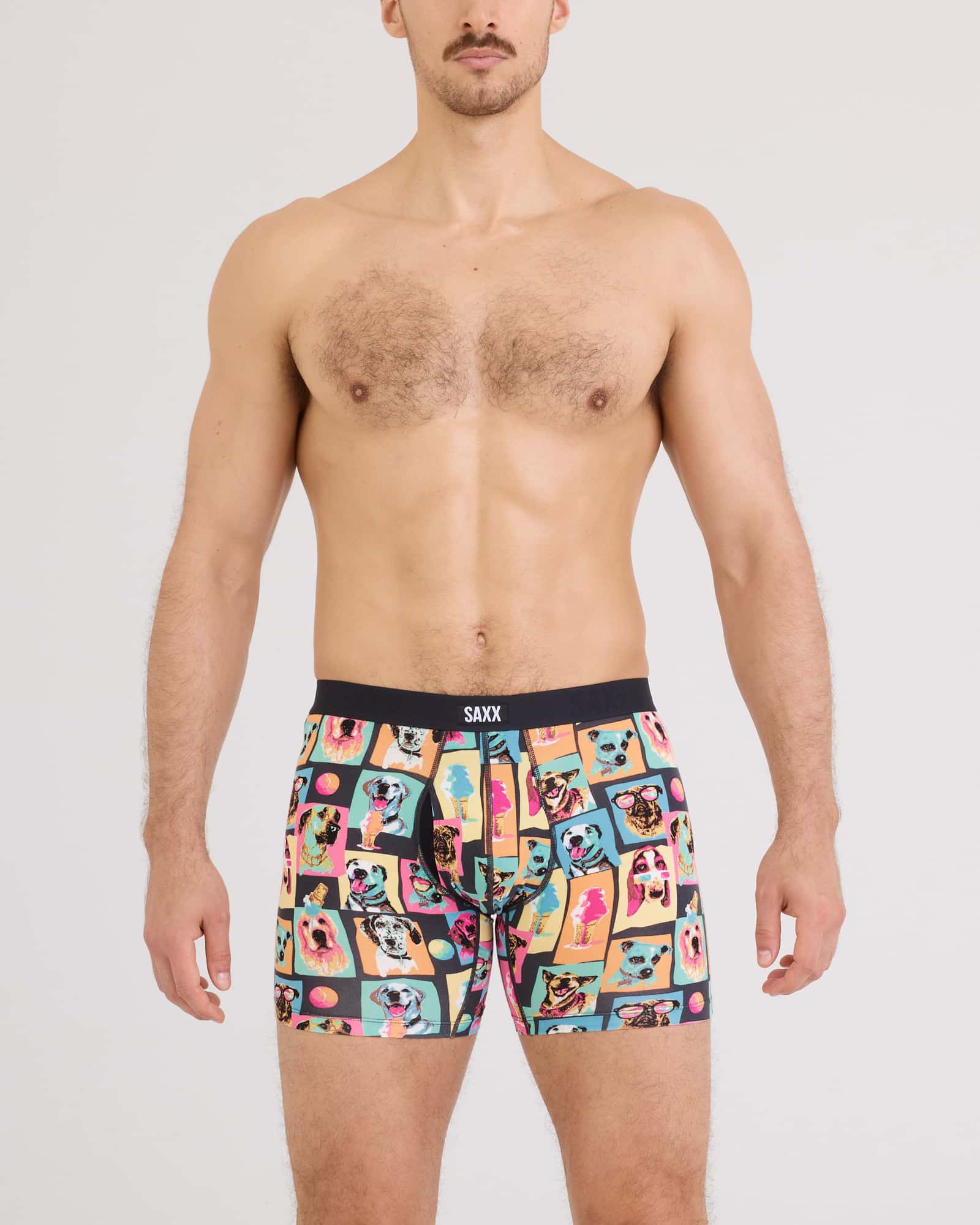 Front - Model wearing Vibe Xtra Soft Comfort Boxer Brief Fly in Summer Dogs Of Saxx-Multi