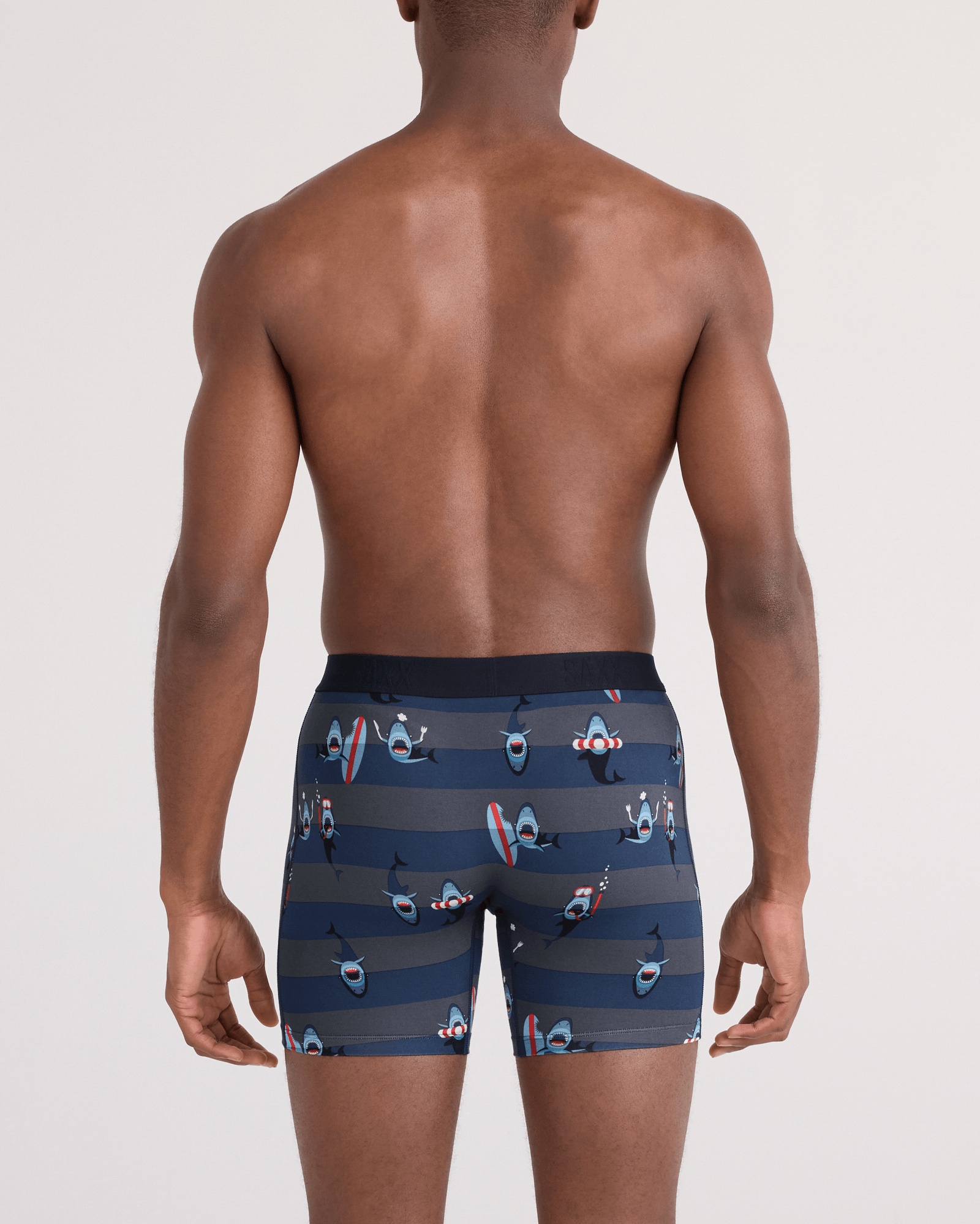 Back - Model wearing Vibe Xtra Soft Comfort Boxer Brief Fly in Shark Bite-Navy