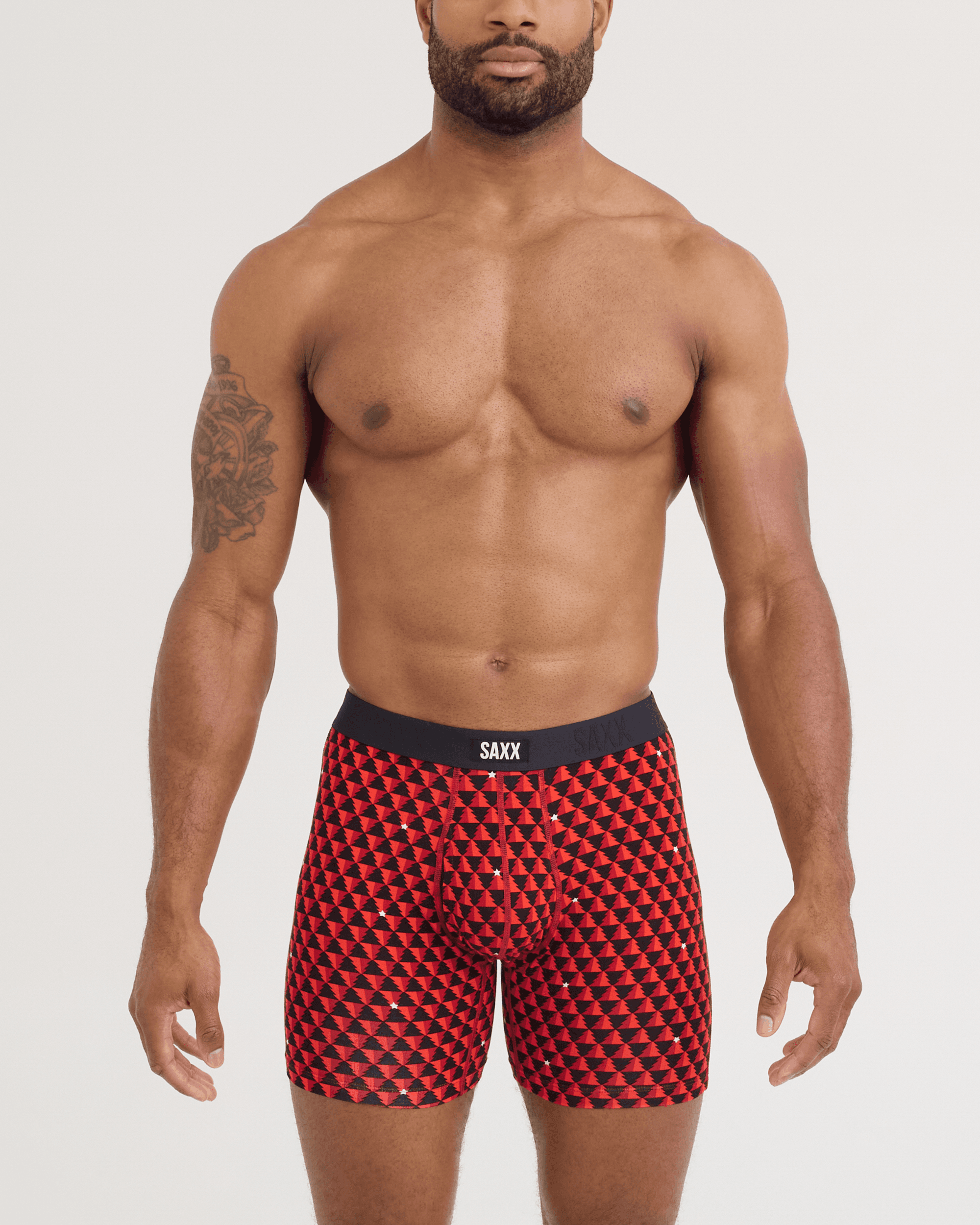 Front - Model wearing Vibe Xtra Soft Comfort Boxer Brief 3 Pack in Tree Farm/Mini Stripe/Black