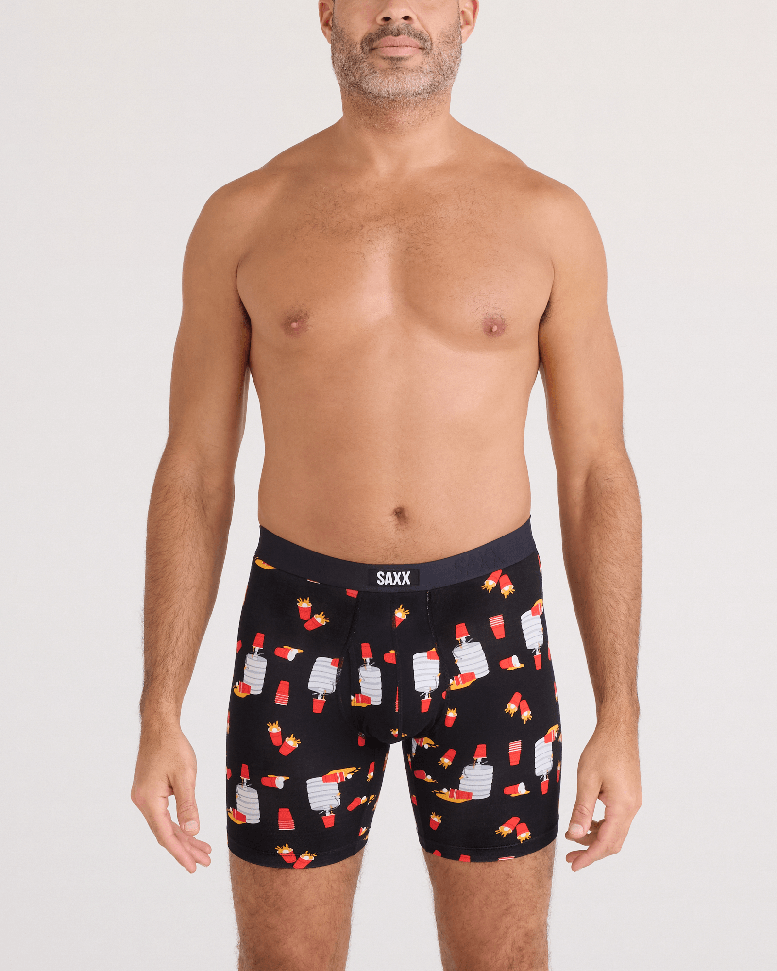 Front - Model wearing Vibe Xtra Soft Comfort Boxer Brief Fly in Tapped Out-Black