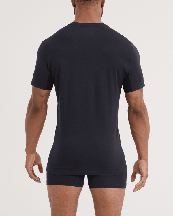 Back - Model wearing DropTemp Dry Cotton Short Sleeve V-Neck 2 Pack in Black