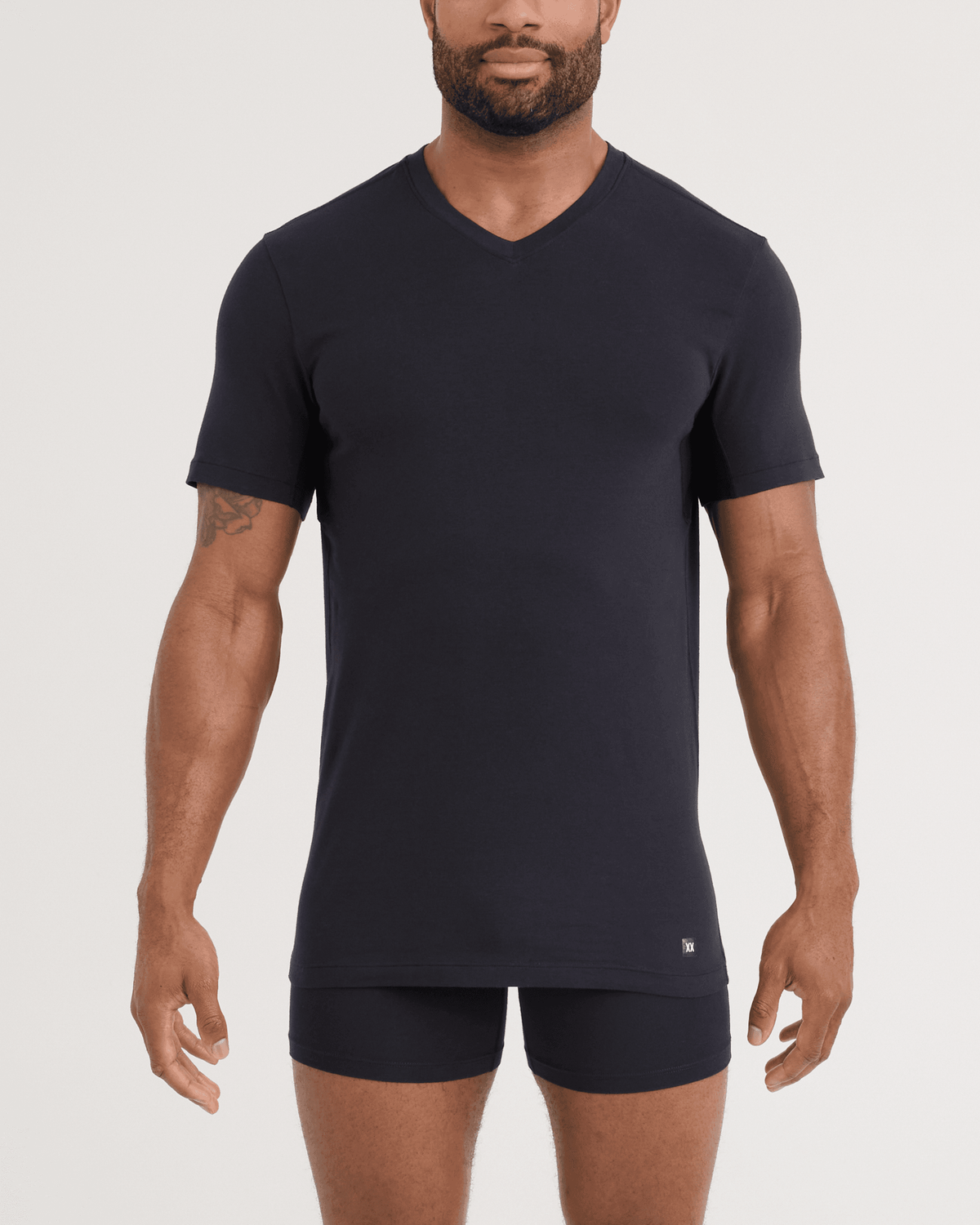 Front - Model wearing DropTemp Dry Cotton Short Sleeve V-Neck 2 Pack in Black