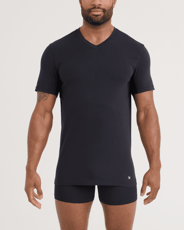 Front - Model wearing DropTemp Dry Cotton Short Sleeve V-Neck 2 Pack in Black