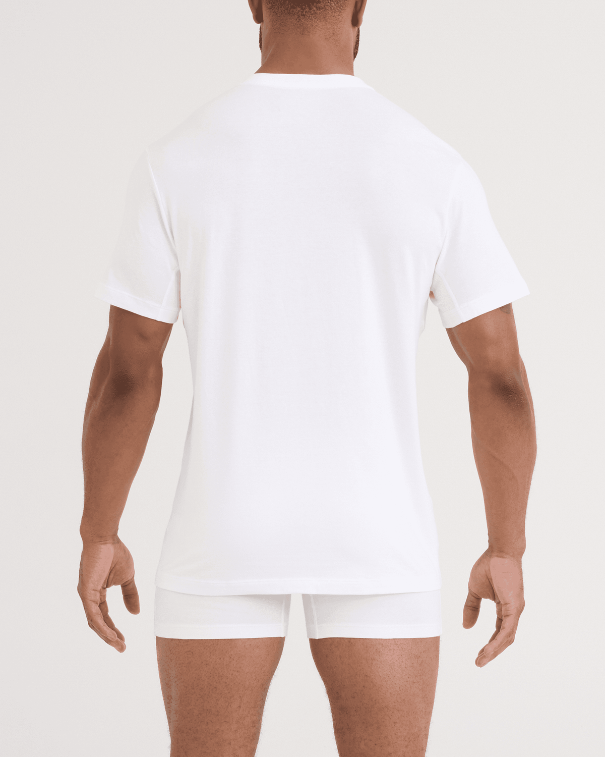 Back - Model wearing DropTemp Dry Cotton Short Sleeve V-Neck 2 Pack in White