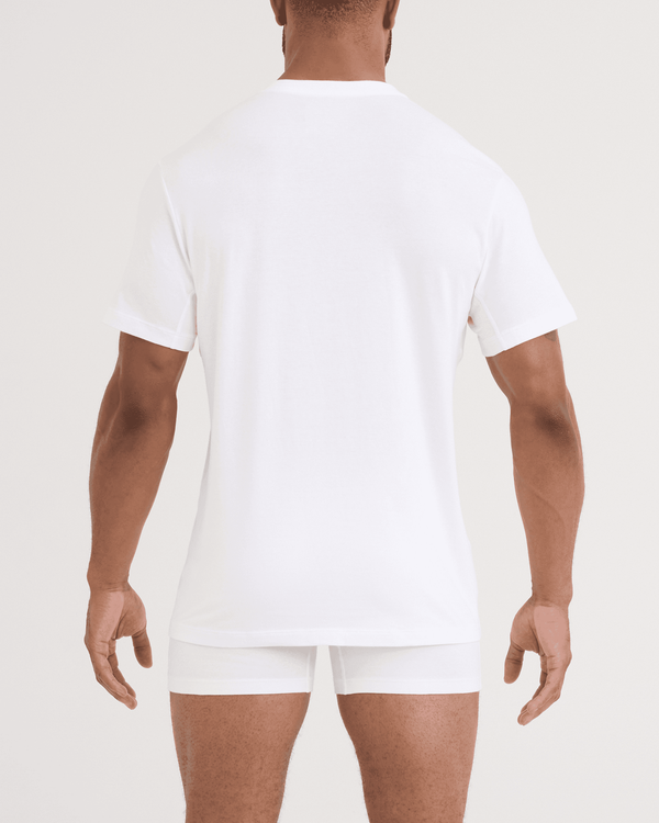 Back - Model wearing DropTemp Dry Cotton Short Sleeve V-Neck 2 Pack in White