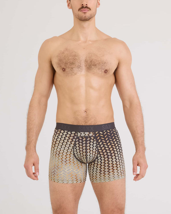 Front - Model wearing Smooth Flex Light Compression Boxer Brief in Lustre Weave-Faded Black