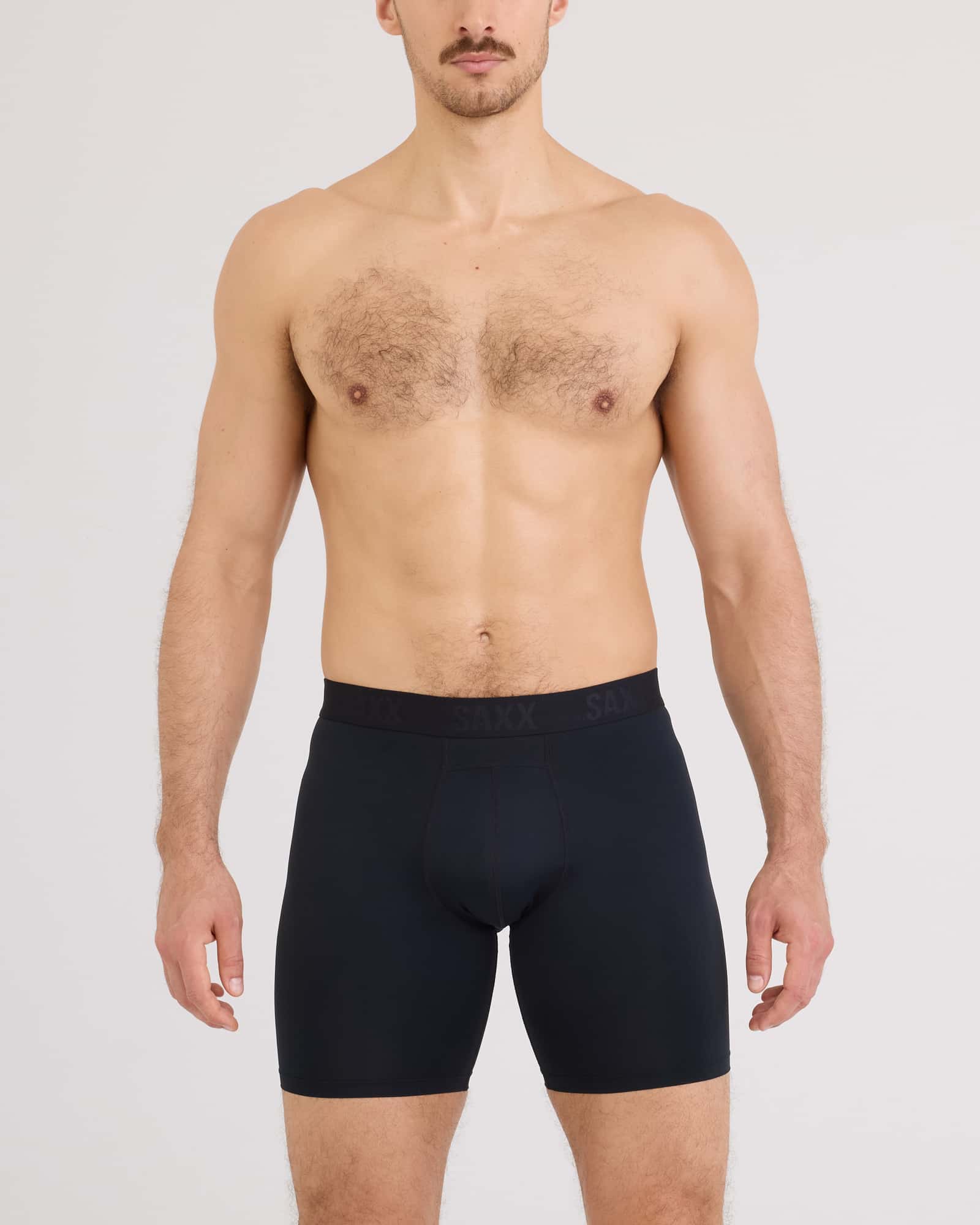 Front - Model wearing Smooth Flex Light Compression Long Boxer Brief in Black