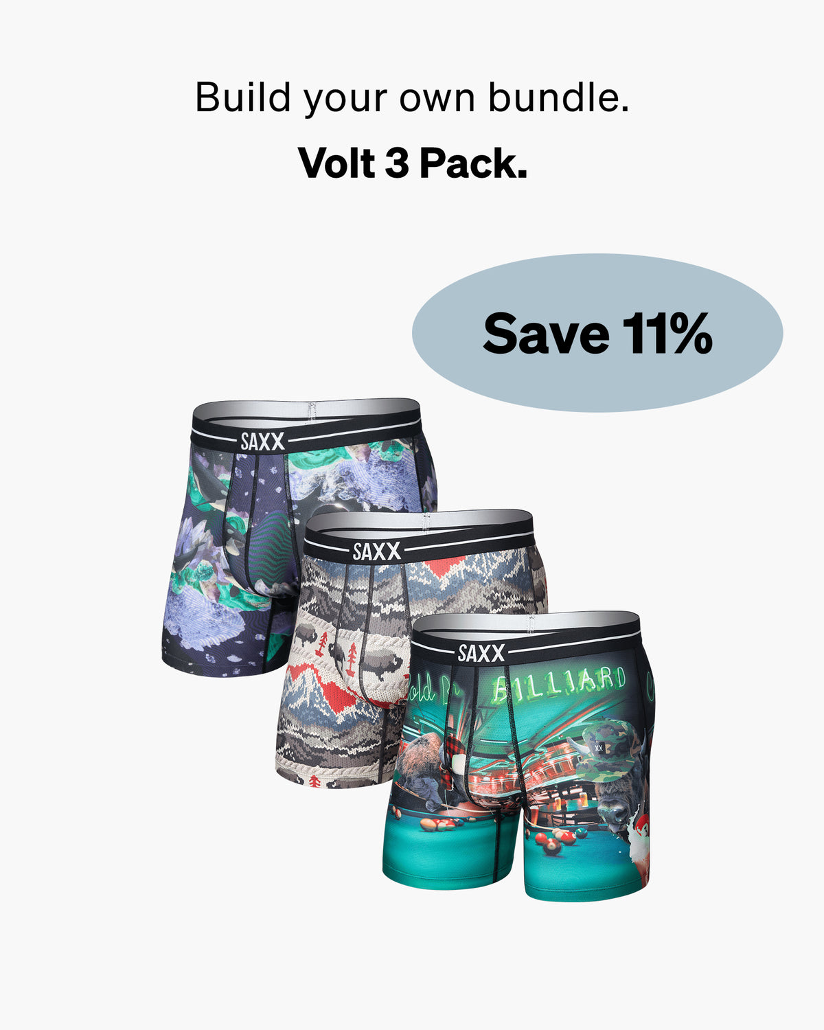 Three pairs of SAXX men's boxer briefs displayed together on a light gray background with promotional text 'Build your own bundle. Volt 3 Pack. 