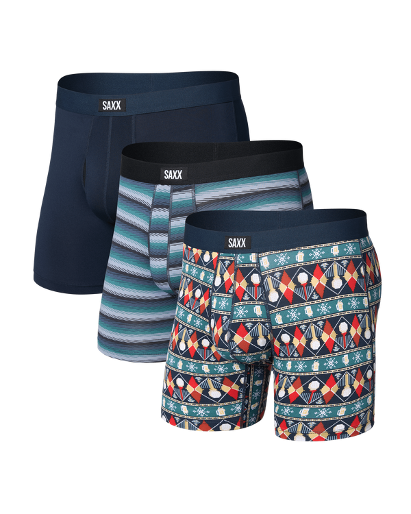 Front of Daytripper Comfort Stretch Boxer Brief 3 Pack in Golf Sweater/Simple Stripe/Dark Ink