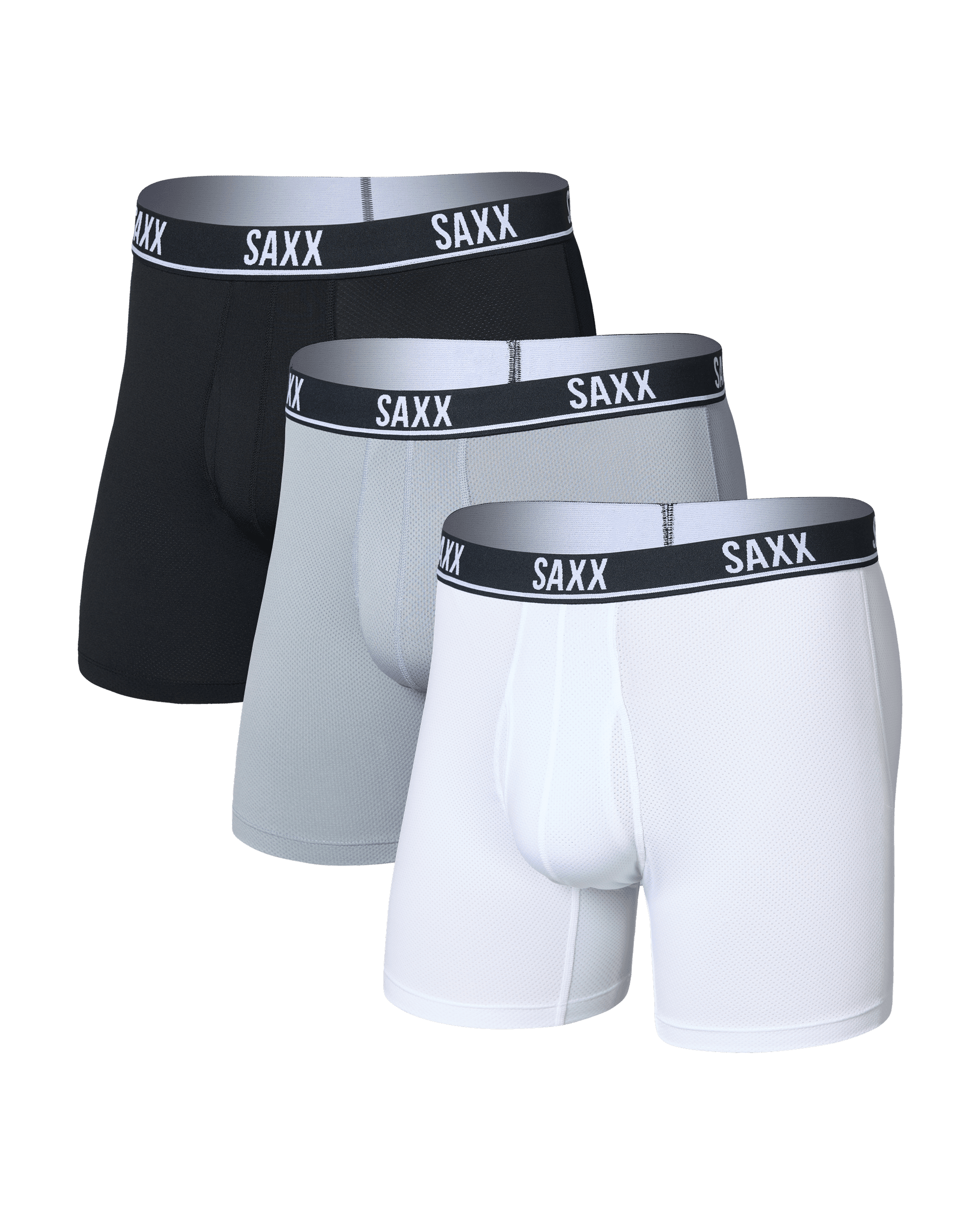 Front of Essential Performance Mesh Boxer Brief 3 Pack in White/Tradewinds/Black