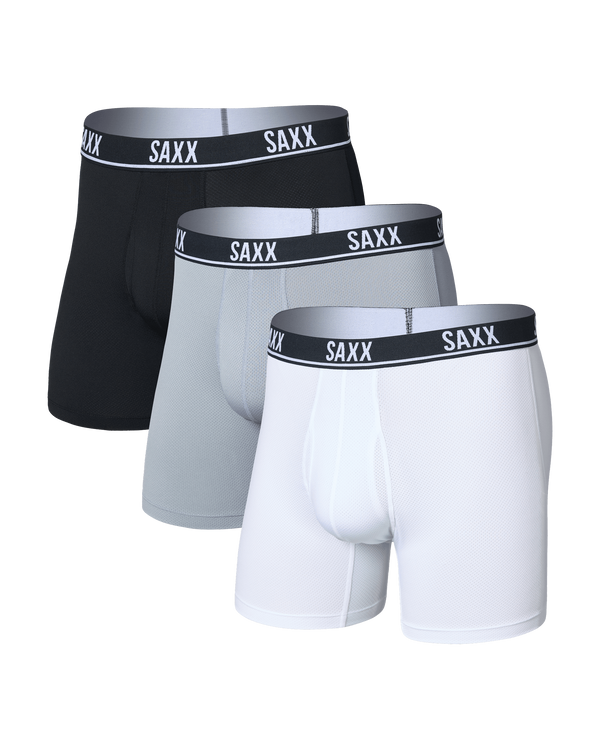 Front of Essential Performance Mesh Boxer Brief 3 Pack in White/Tradewinds/Black