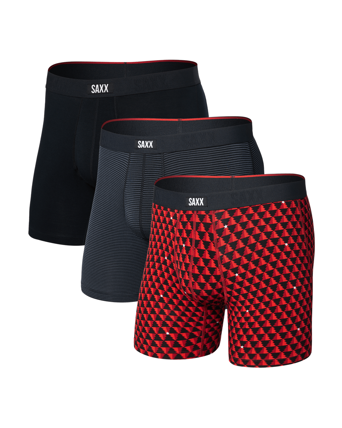 Front of Vibe Xtra Soft Comfort Boxer Brief 3 Pack in Tree Farm/Mini Stripe/Black