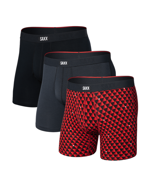 Front of Vibe Xtra Soft Comfort Boxer Brief 3 Pack in Tree Farm/Mini Stripe/Black
