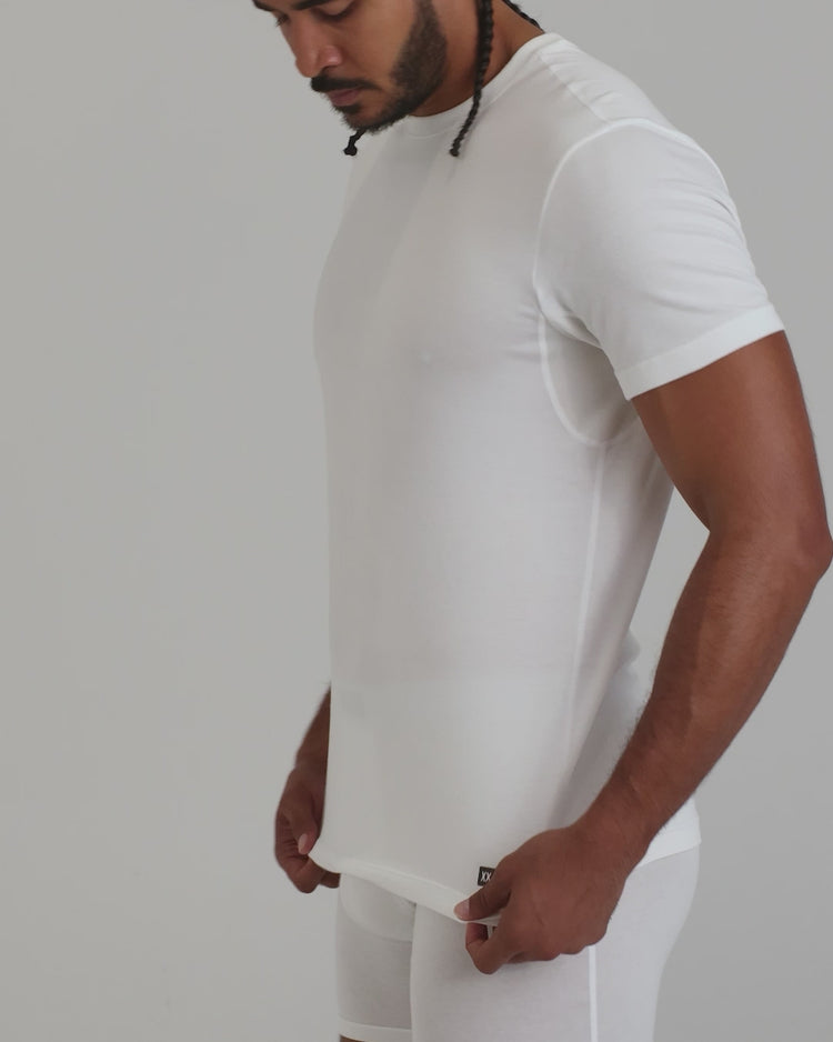 Video of model wearing DropTemp Dry Cotton Short Sleeve Crew