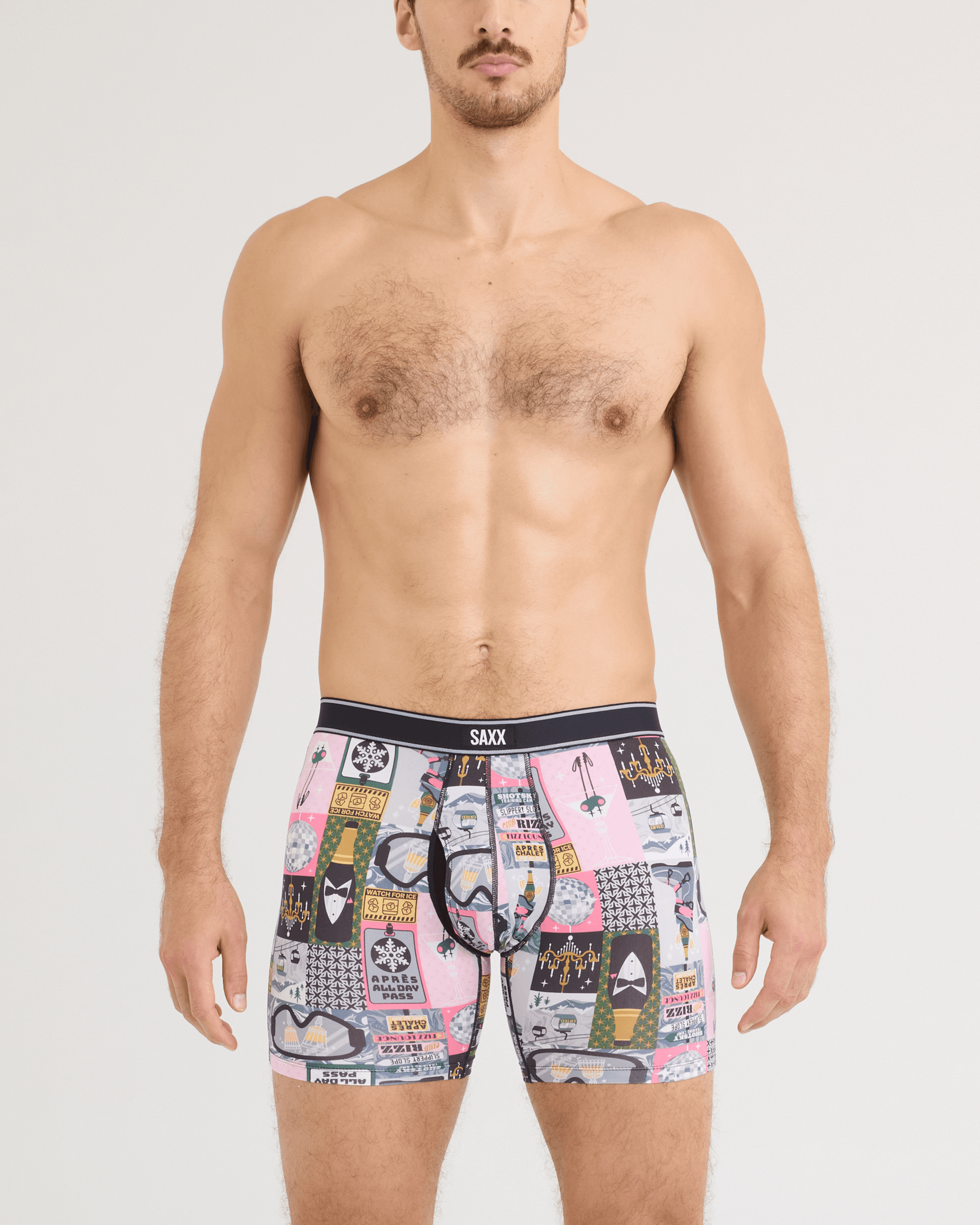 Front - Model wearing Daytripper Comfort Stretch Boxer Brief in Apres All Day-Flintstone