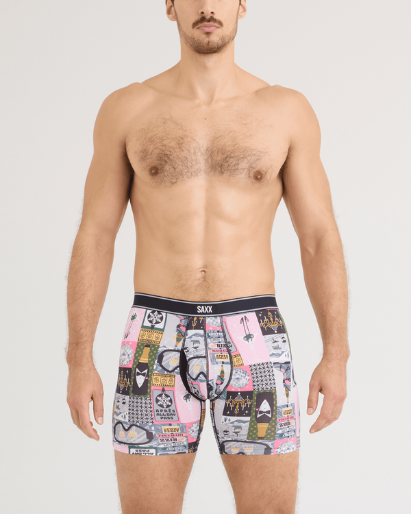 Front - Model wearing Daytripper Comfort Stretch Boxer Brief in Apres All Day-Flintstone