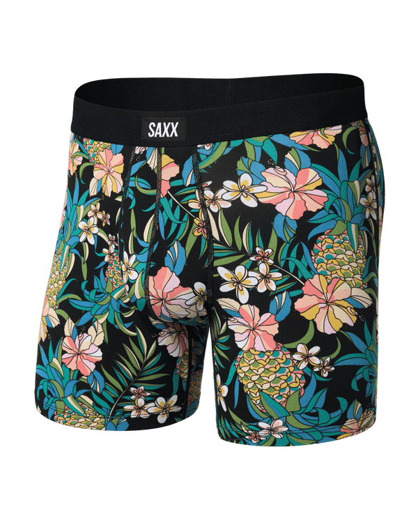 Front of Daytripper Comfort Stretch Boxer Brief Fly in Pineapple Field-Black
