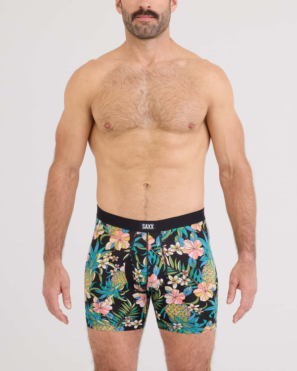 Front - Model wearing Daytripper Comfort Stretch Boxer Brief Fly in Pineapple Field-Black