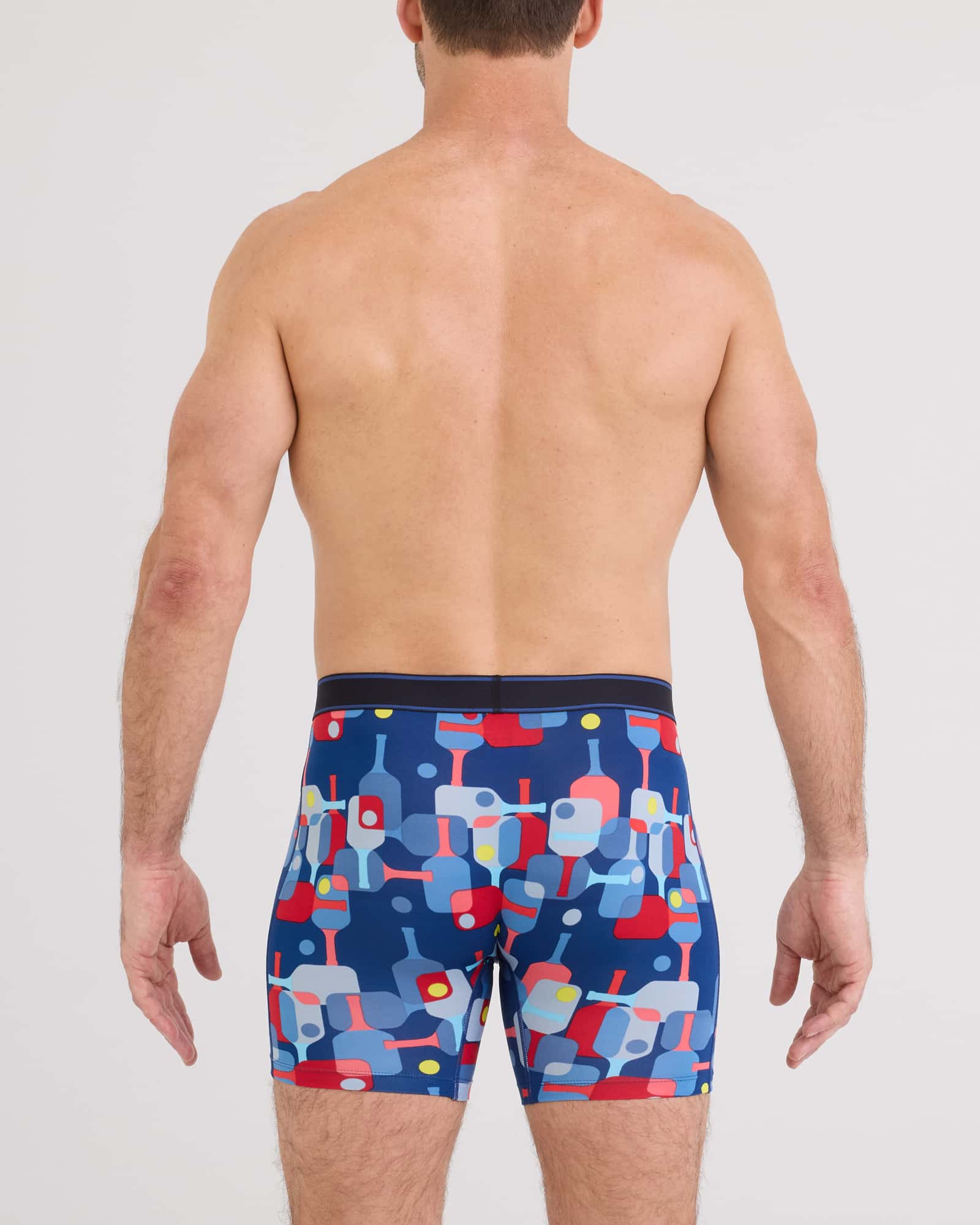 Back - Model wearing Daytripper Comfort Stretch Boxer Brief Fly in Pickle Paddle-Navy Dawn
