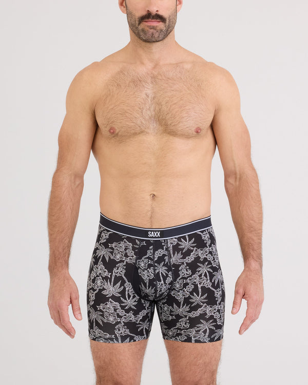 Front - Model wearing  Daytripper Comfort Stretch Boxer Brief Fly in Tropical Tattoo-Black