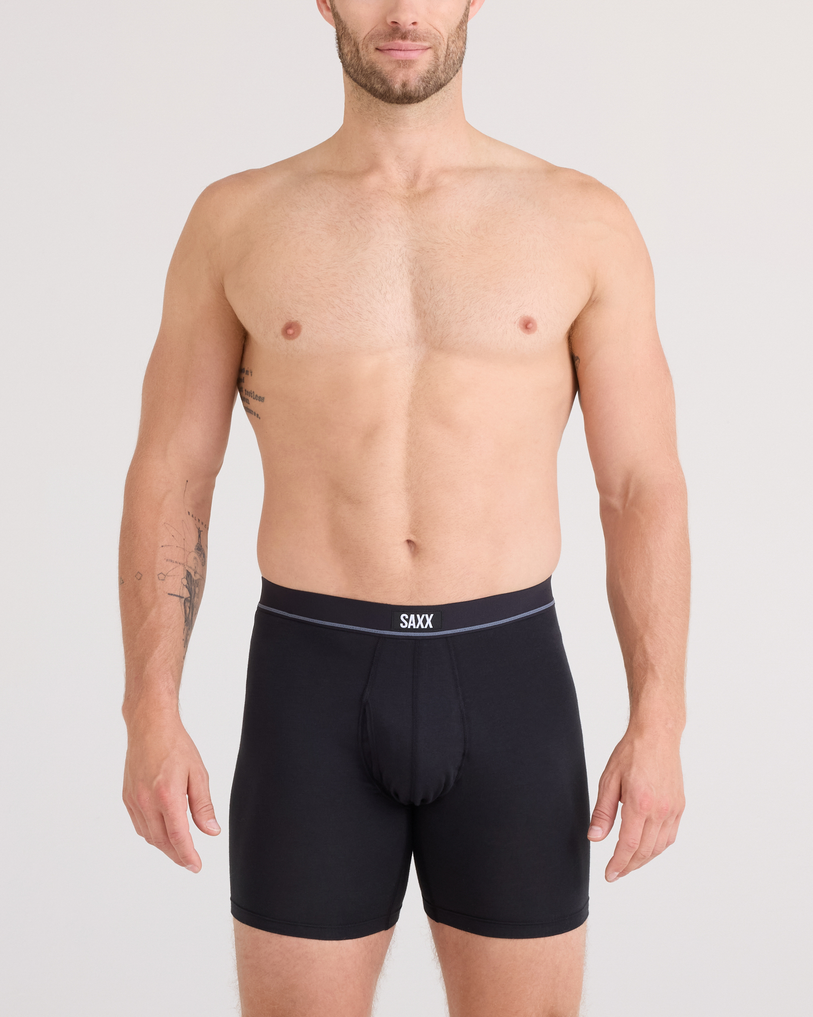 Front - Model posing in Essential Cotton Boxer Brief in Black