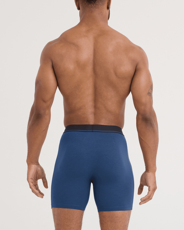 Back - Model wearing Essential Cotton Boxer Brief in Dark Denim