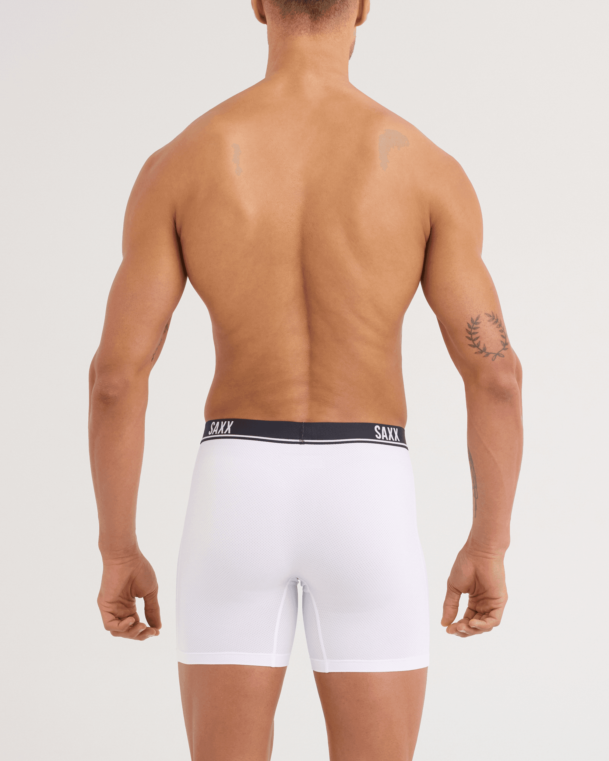 Back - Model wearing Essential Performance Mesh Boxer Brief 3 Pack in White/Tradewinds/Black