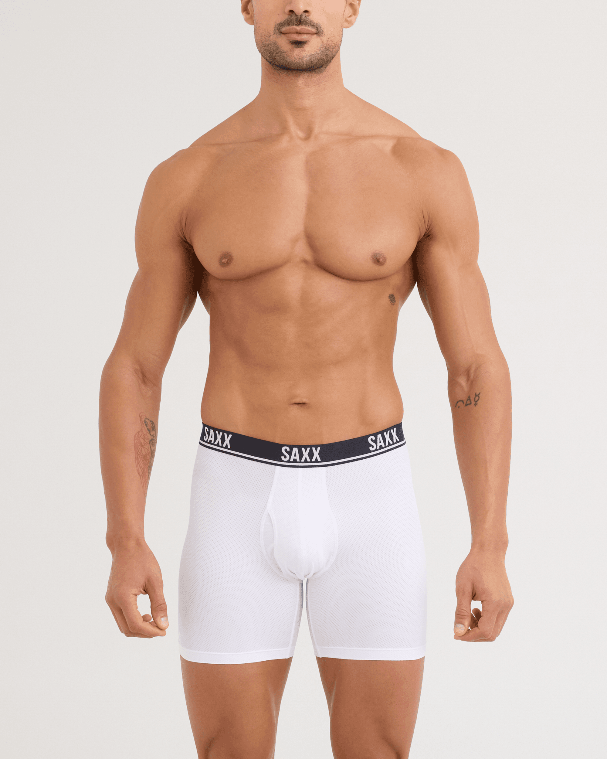Front - Model wearing Essential Performance Mesh Boxer Brief 3 Pack in White/Tradewinds/Black
